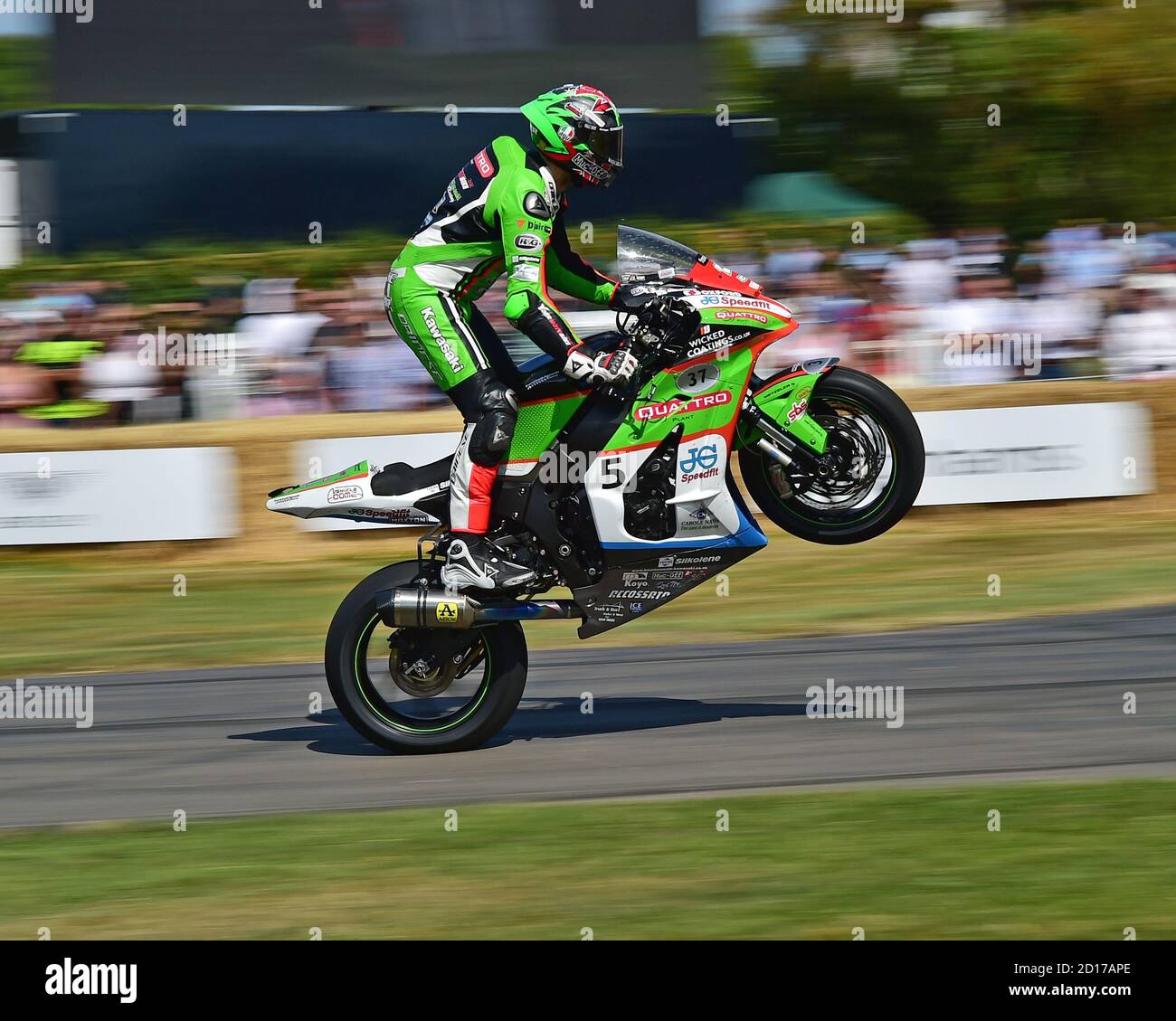 James Hillier, Kawasaki ZX10R, doing a wheelie, Goodwood Festival of