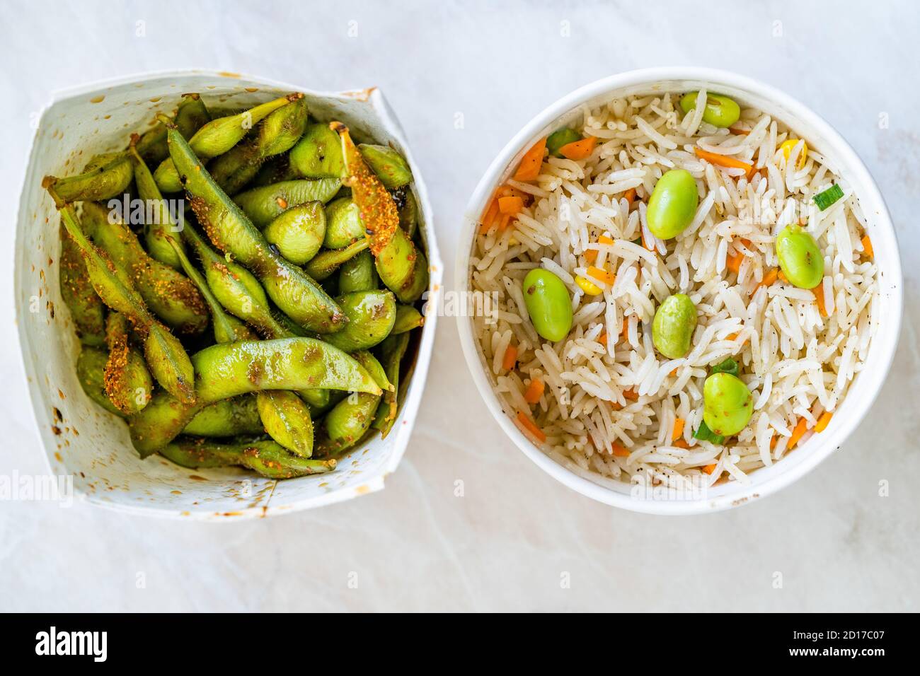 Take Away Boiled Steamed Basmati Rice with Edamame Beans and Vegetables