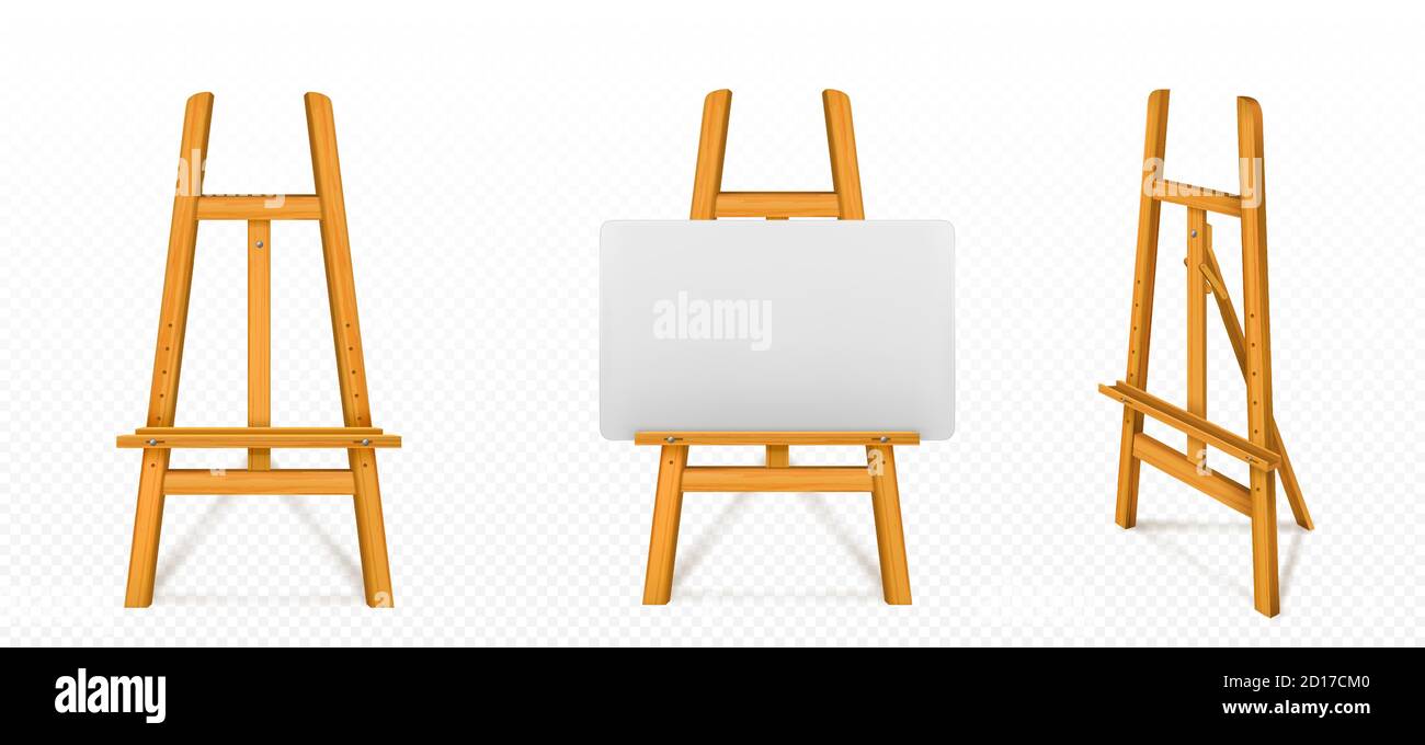 Wooden easel stand set with empty white canvas. Art and artist studio  tripod display for amateur and professional painting, sketching. Vector  flat style cartoon illustration, different colors and view Stock Vector