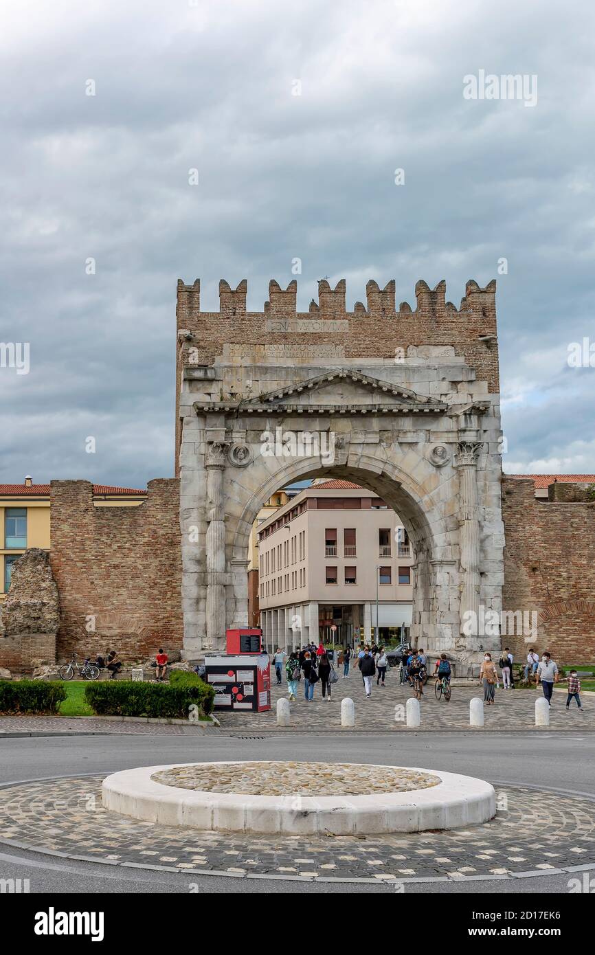 The Arch of Augustus in the historic center of Rimini, Italy Stock