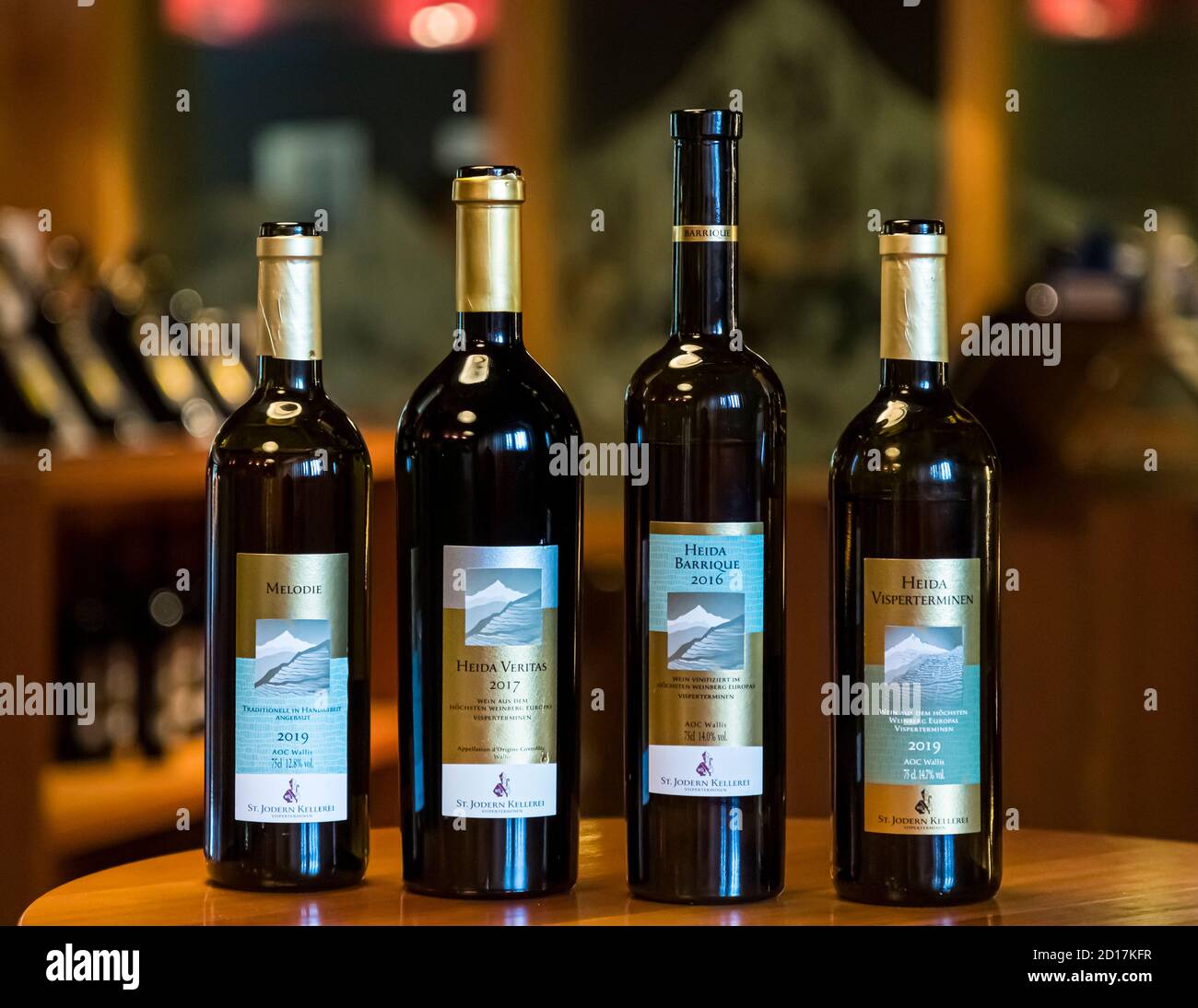 The family of Heida wines from the St. Jodern winery in Visperterminen, Upper Valais, Switzerland Stock Photo