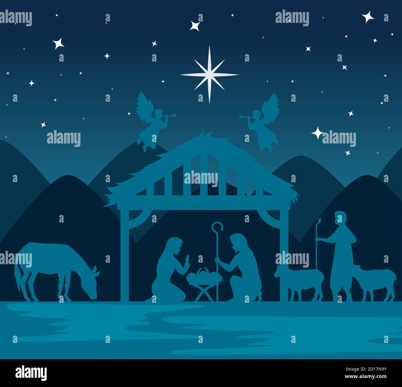 merry christmas nativity mary joseph baby and angels vector design ...