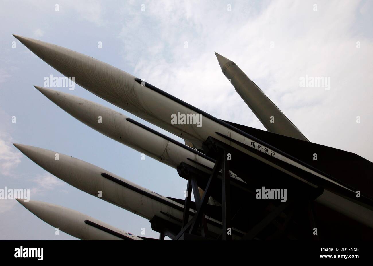 A mock scud missile (top) and South Korean missiles are displayed at the  War Memorial of Korea in Seoul July 4, 2009. North Korea fired five  ballistic missiles on Saturday, South Korea's