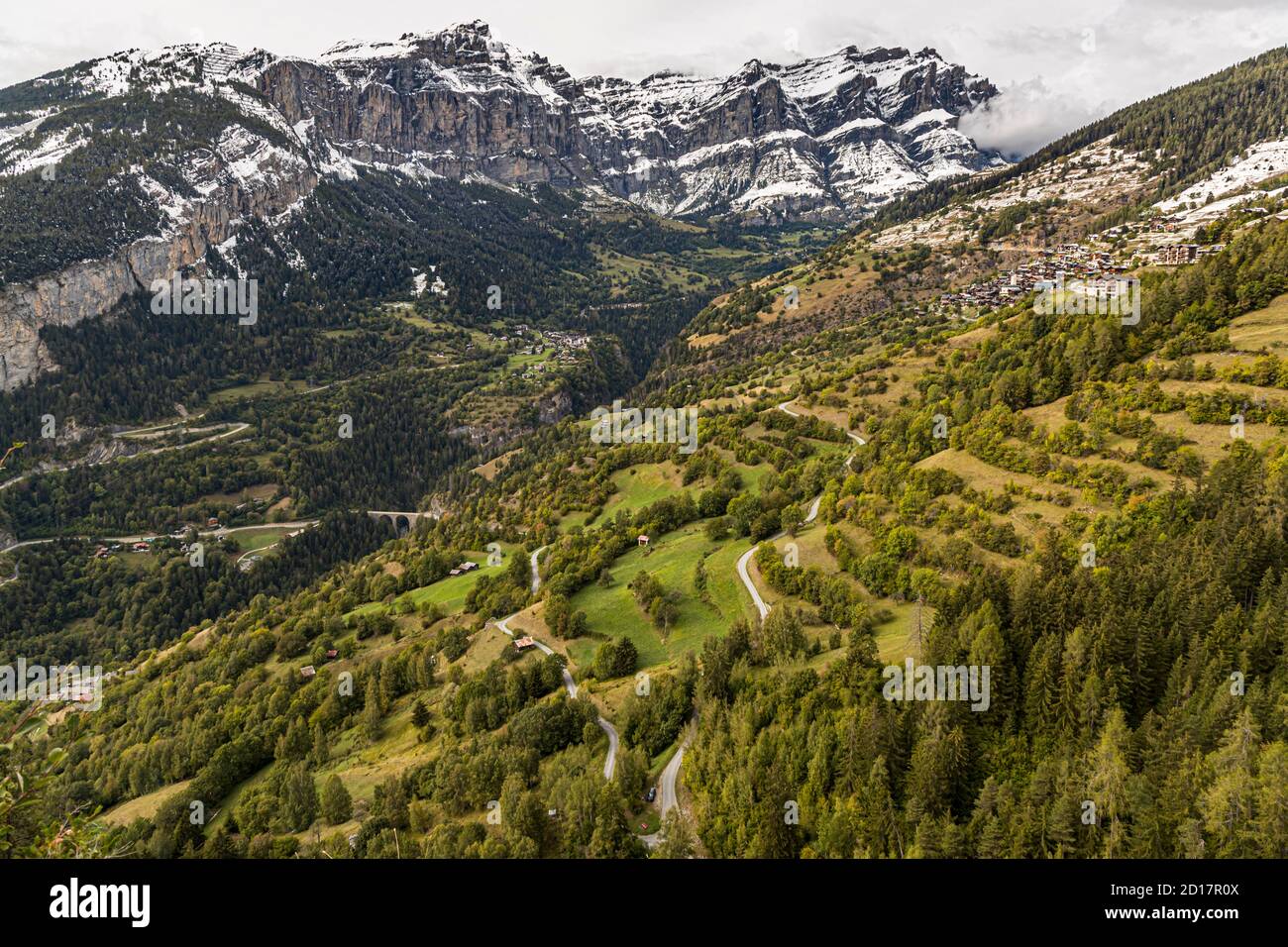 In the Rhone Valley, road cyclists can combine flat stages through the plain with steep passes out to 2,600 meters, Switzerland Stock Photo