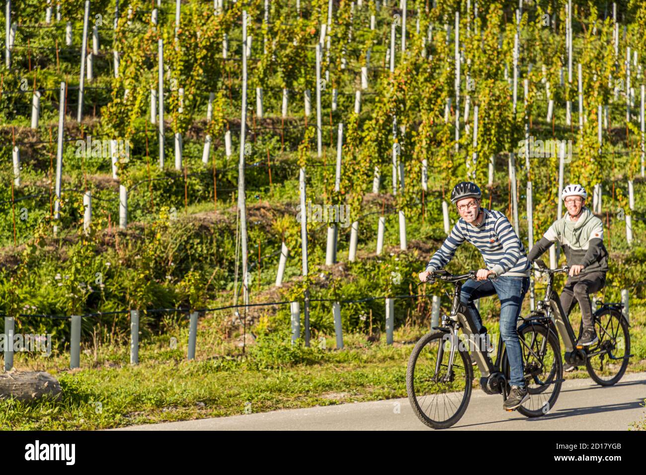 Bonvin Winery in Sion, Switzerland. With the e-bikes through the vineyards. Les Cellliers de Sion offers picnics and tastings Stock Photo