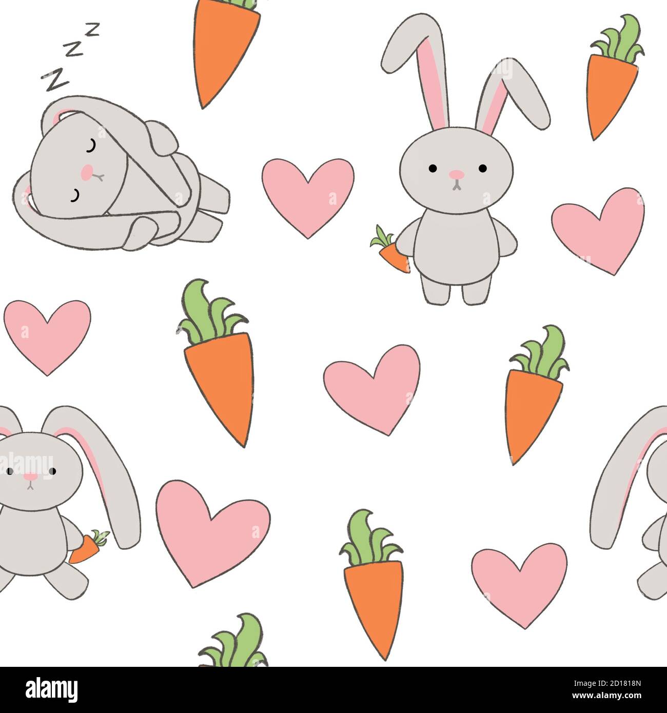 seamless pattern bunny holding a carrot and sleeping rabbit with hearts. cute illustration for children book or greeting card. bunny print for wallpaper or kids clothes.  Stock Photo