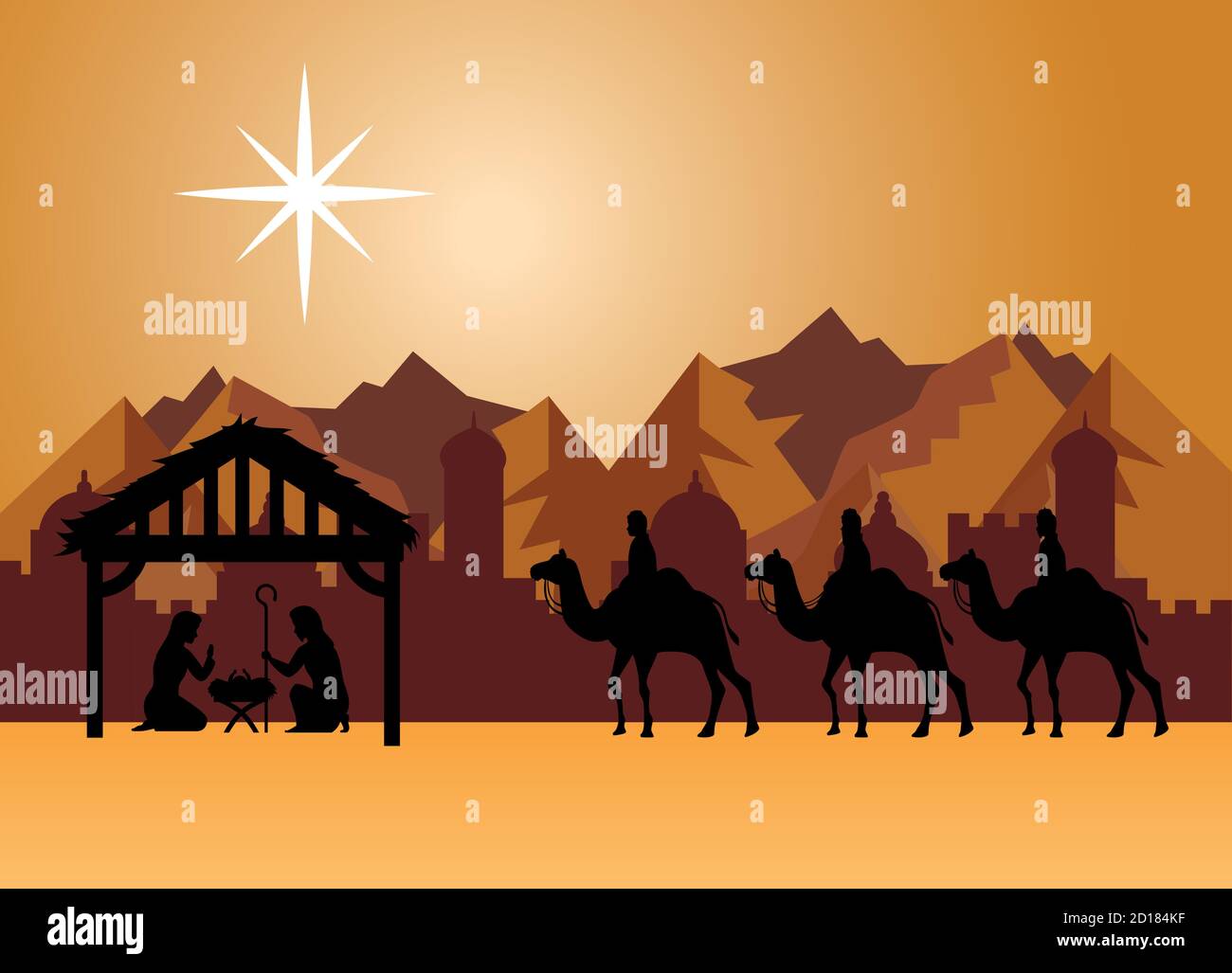 merry christmas nativity mary joseph baby and three wise men at desert ...