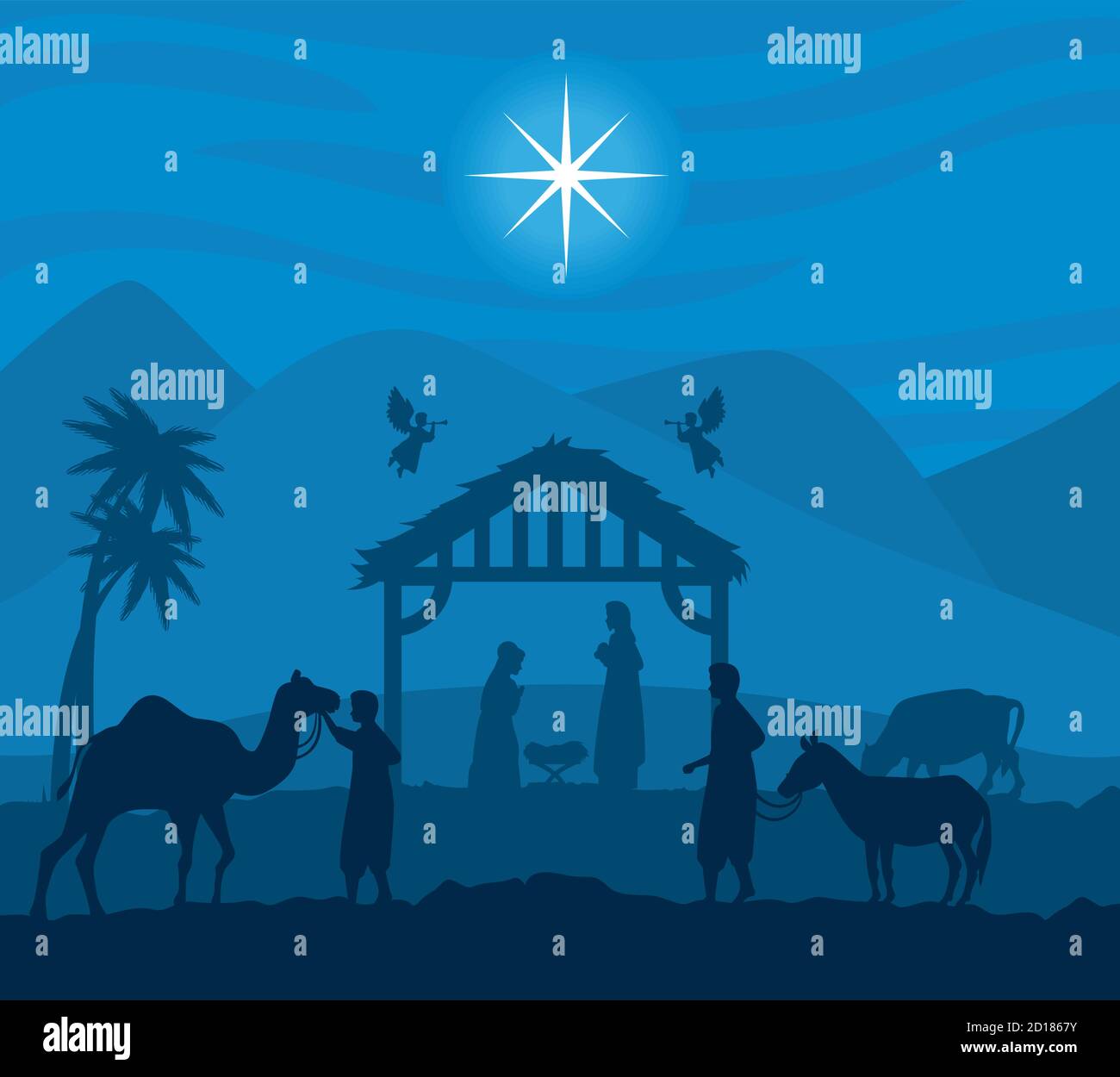 merry christmas nativity mary joseph baby and angels vector design ...