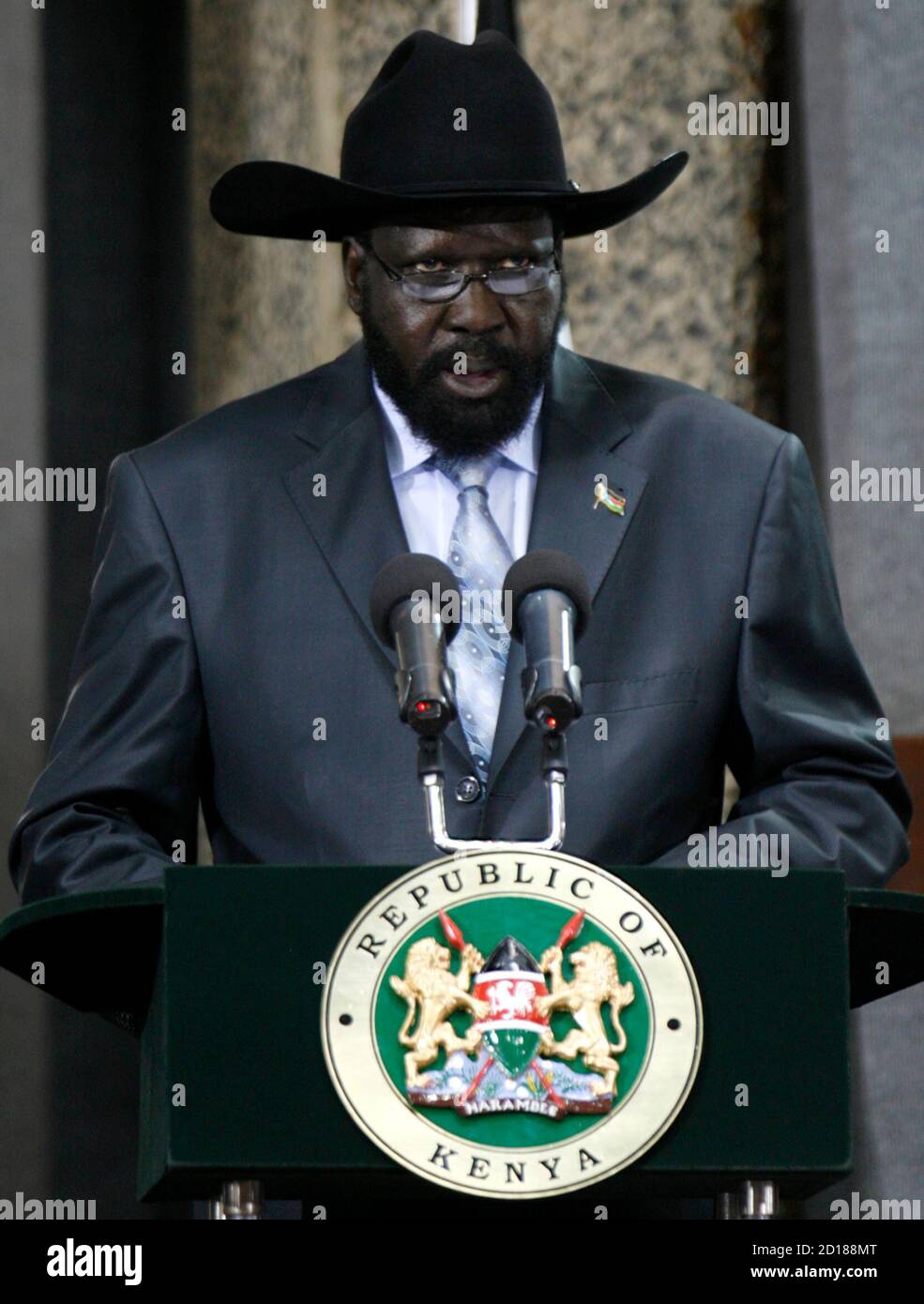 Sudan's First Vice President Salva Kiir addresses the 14th extra-ordinary summit of Intergovernmental Authority on Development (IGAD) Assembly of Heads of State and Governments on the Sudan Peace Process in Kenya's capital Nairobi, March 9, 2010. REUTERS/Thomas Mukoya (KENYA - Tags: POLITICS CIVIL UNREST) Stock Photo