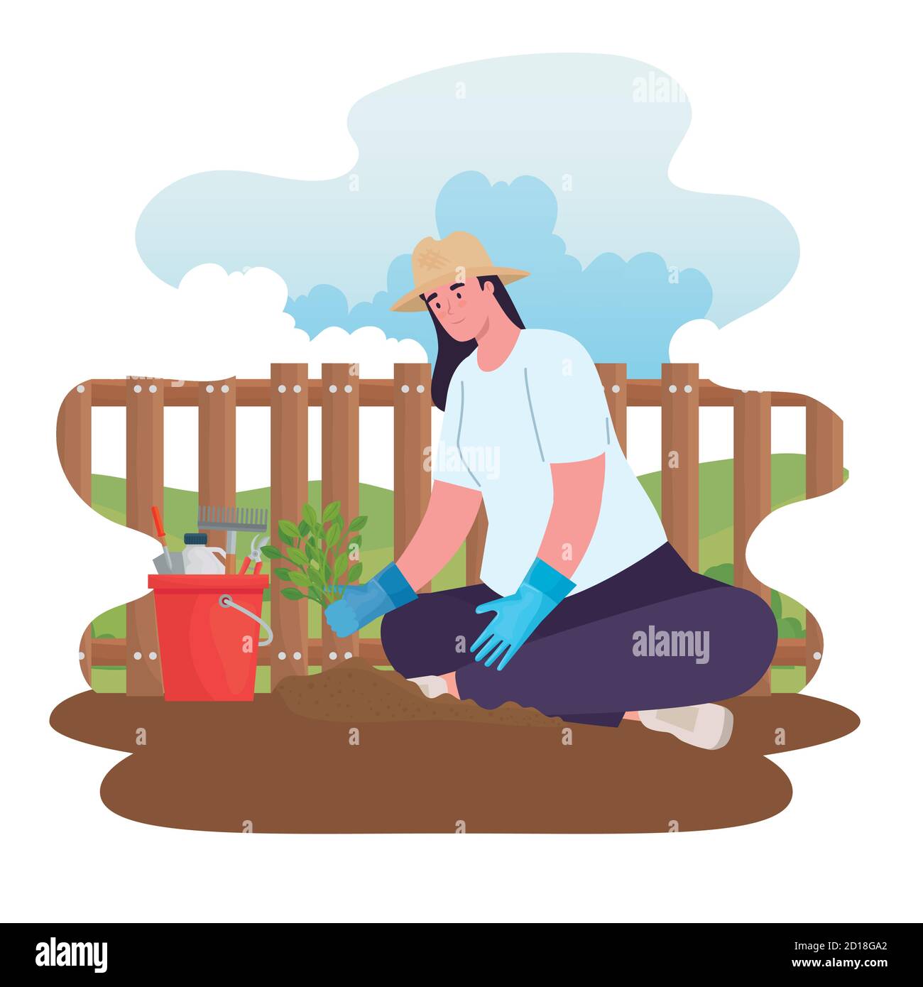 Gardening woman with tools bucket and plant vector design Stock Vector ...