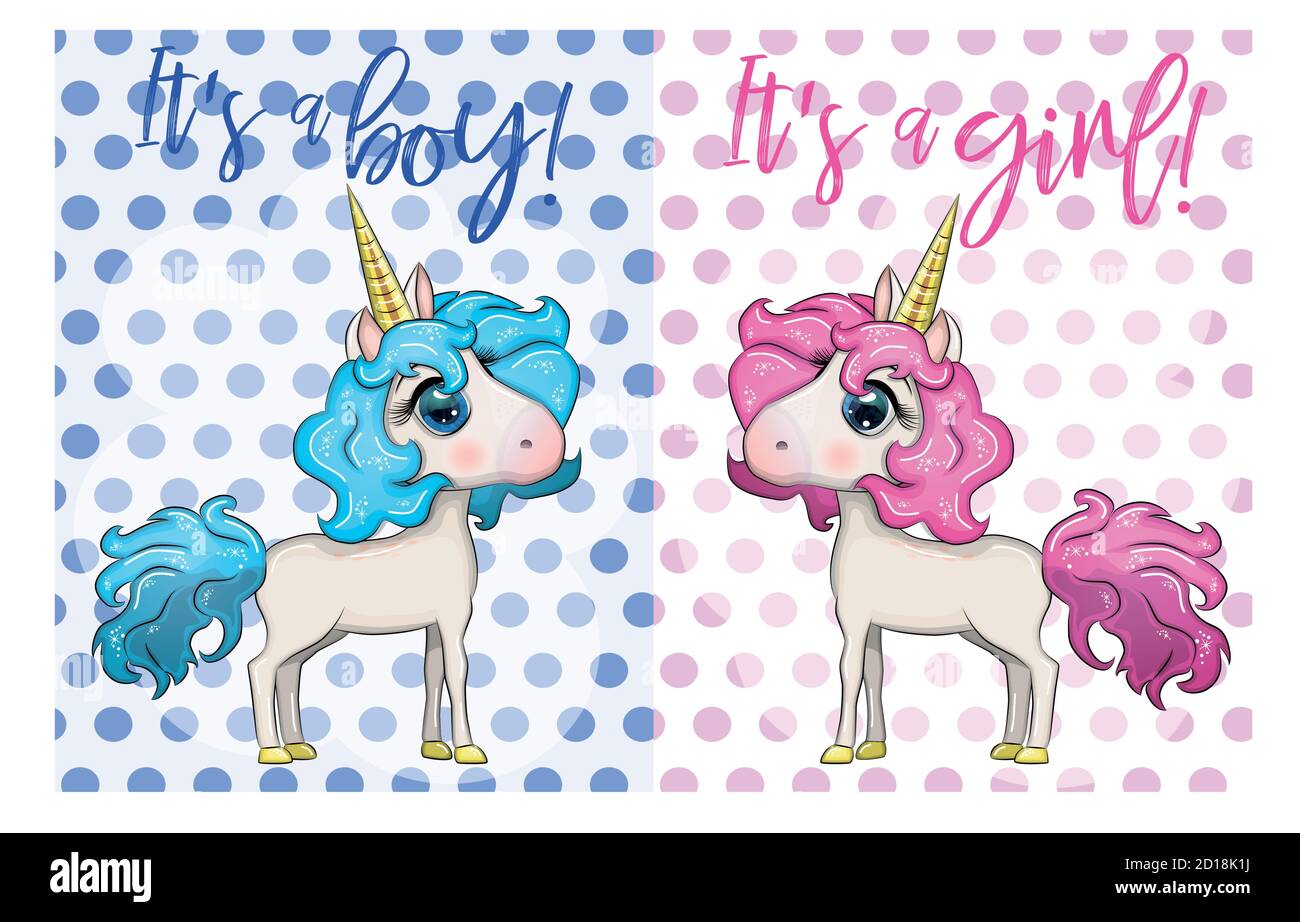 Baby Shower Greeting Card with cute Cartoon Unicorn girl and boy Stock ...