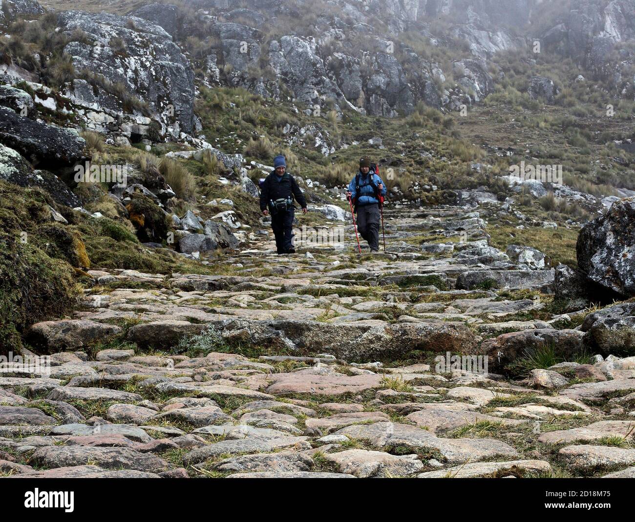 Hikers follow one of the best-preserved sections of the Inca road known as  the Takesi trail leading from the San Francisco mine, over the Apacheta  pass at 4,700 meters (15,420 feet) above