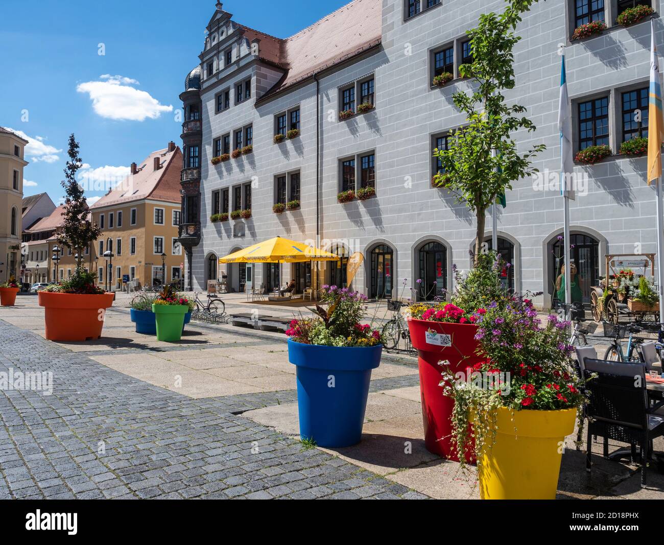 Market Square with Town Hall, colorful plant decoration, Torgau, Saxony Stock Photo