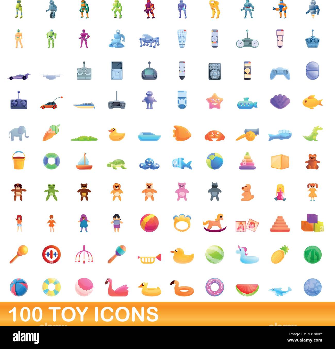 100 toy icons set. Cartoon illustration of 100 toy icons vector set isolated on white background Stock Vector