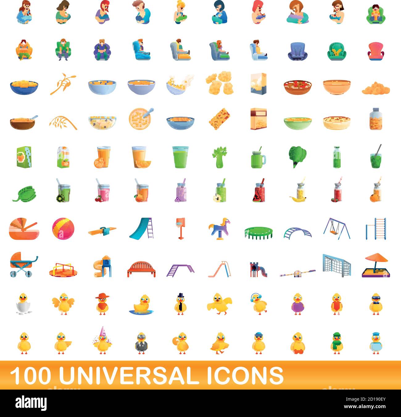 100 universal icons set. Cartoon illustration of 100 universal icons vector set isolated on white background Stock Vector