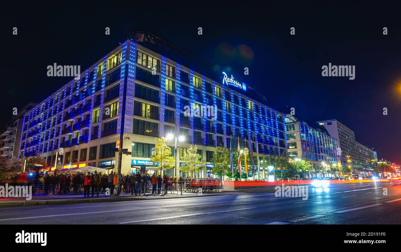 Festival of Lights, hotel of Radisson Blu, Karl's Liebknecht street, middle, Berlin, Germany, Hotel Radisson Blu, Karl-Liebknecht-Strasse, Mitte, Deut Stock Photo