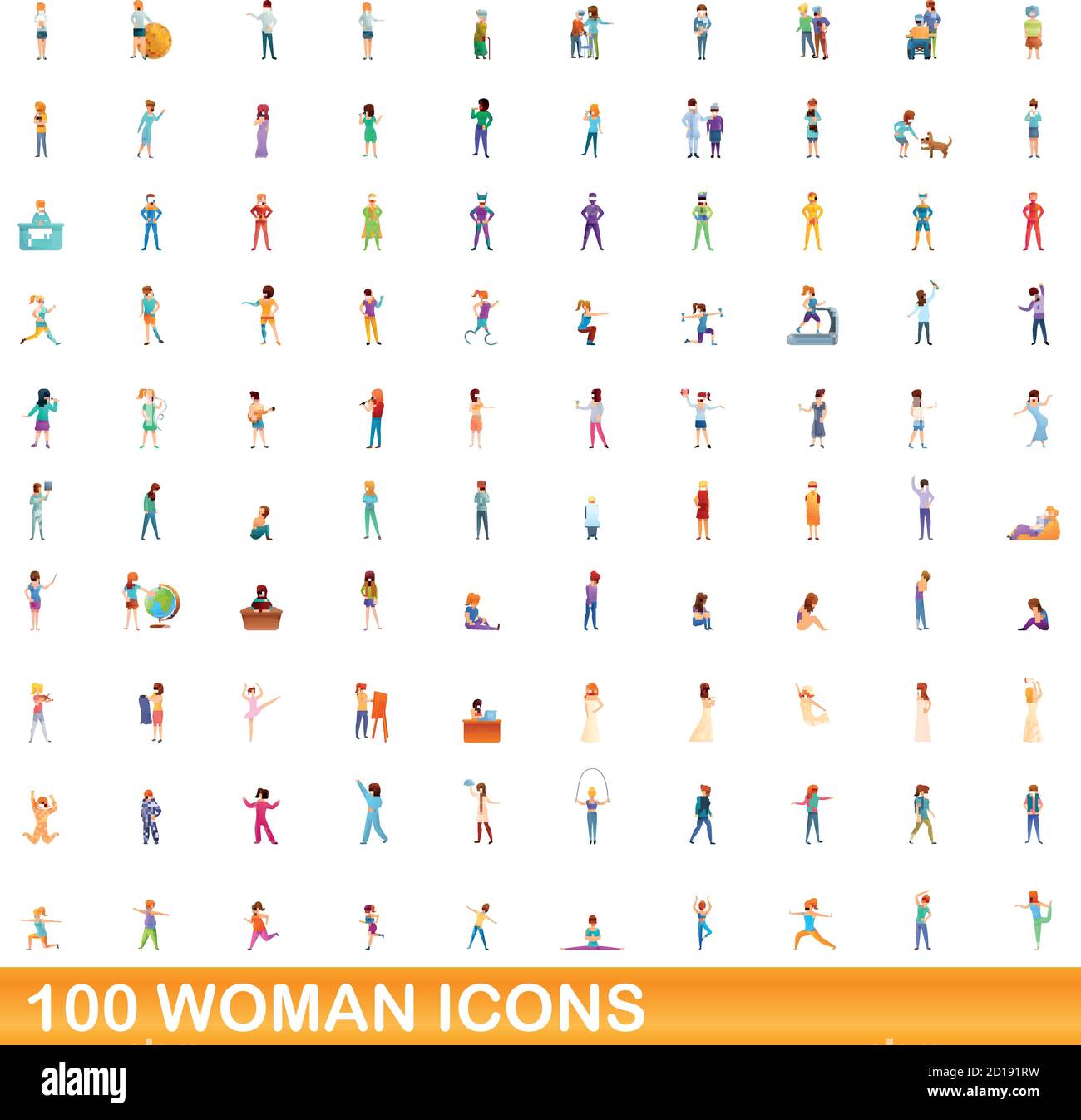 100 woman icons set. Cartoon illustration of 100 woman icons vector set ...