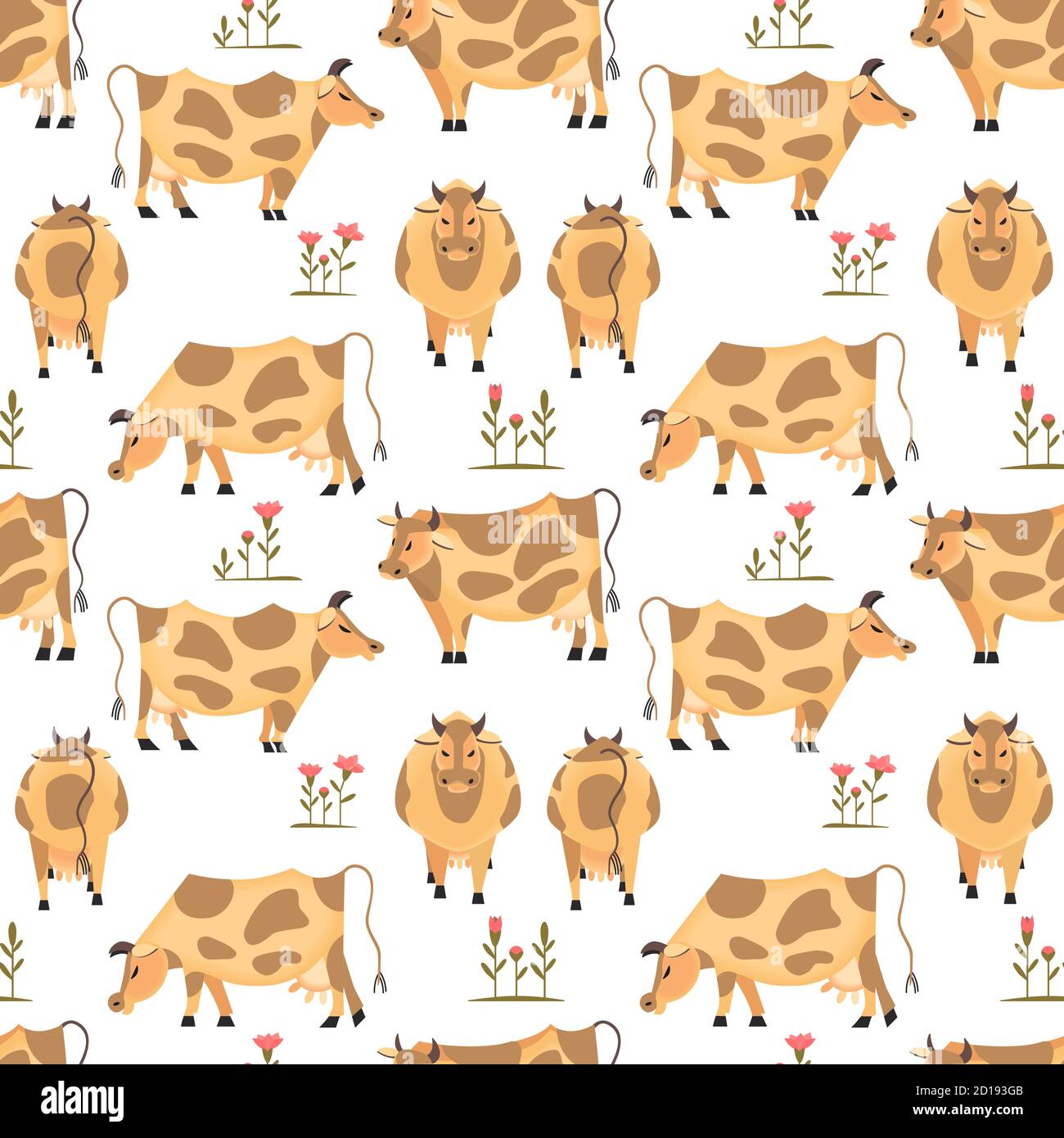 Quirky cows grazing grass seamless pattern Stock Vector