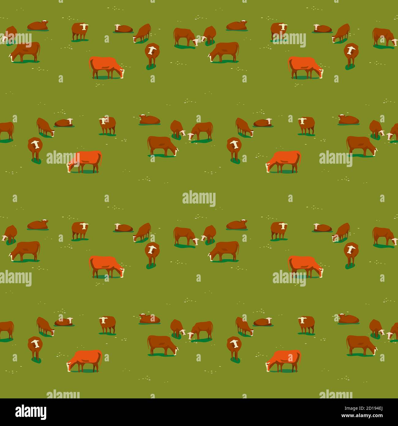 Cows on green meadow flat color seamless pattern Stock Vector
