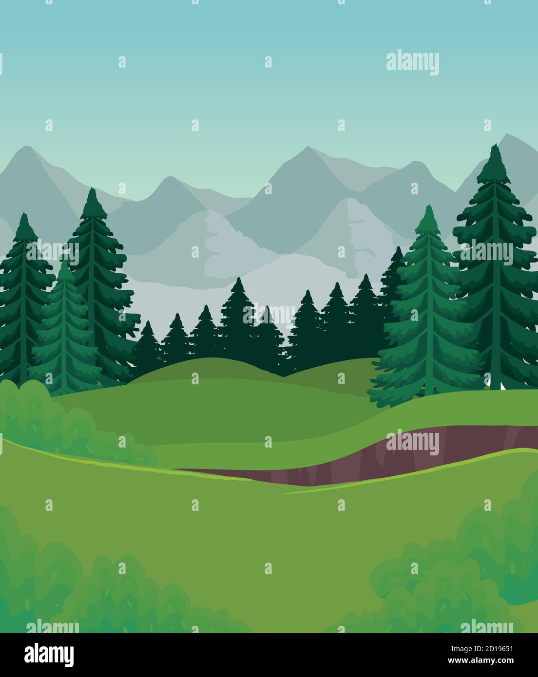 landscape of pine trees in front of mountains vector design Stock ...