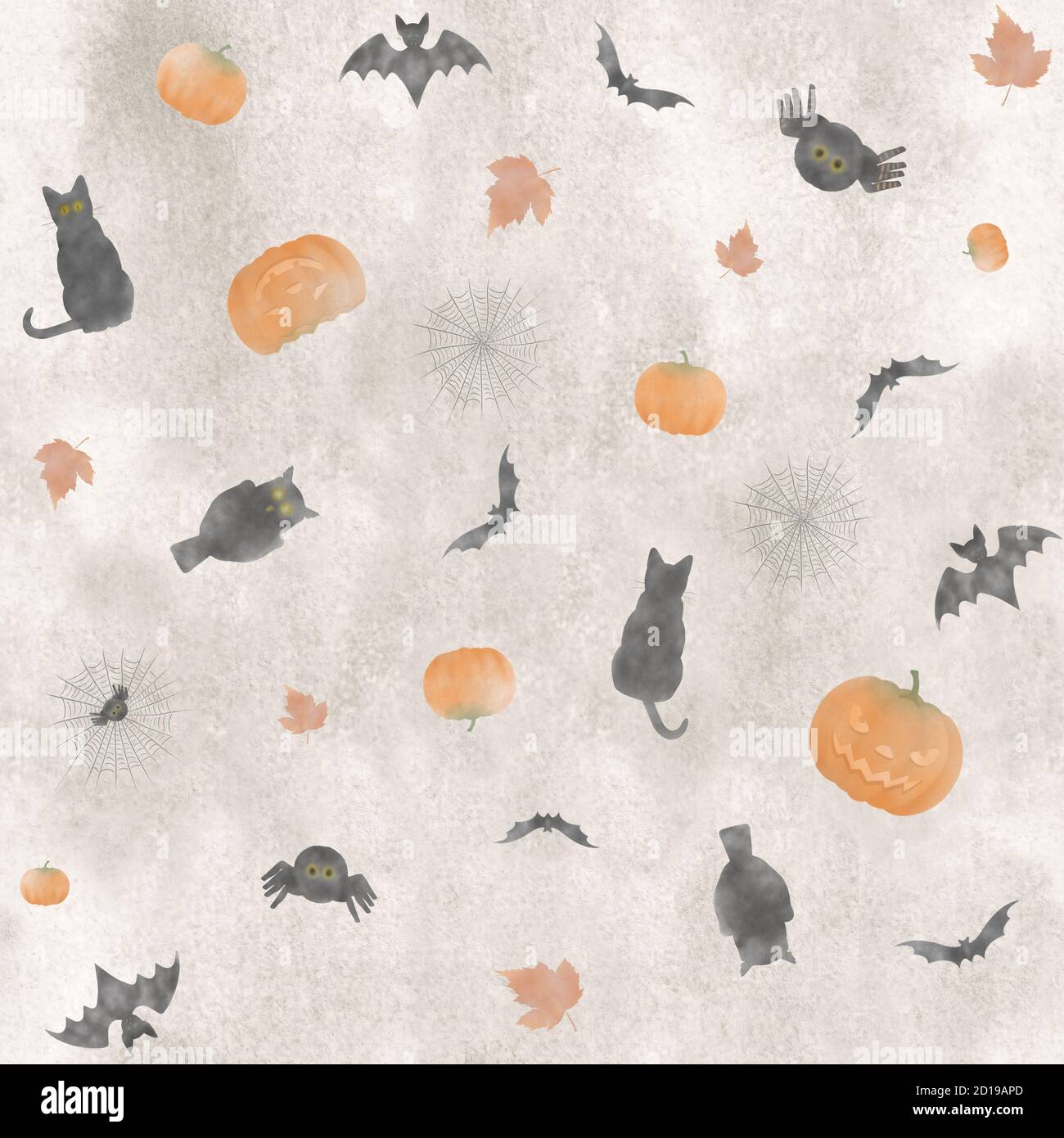 cute hand painted seamless repetitive watercolor halloween pattern, with pumpkins, bats, black cats and owl Stock Photo