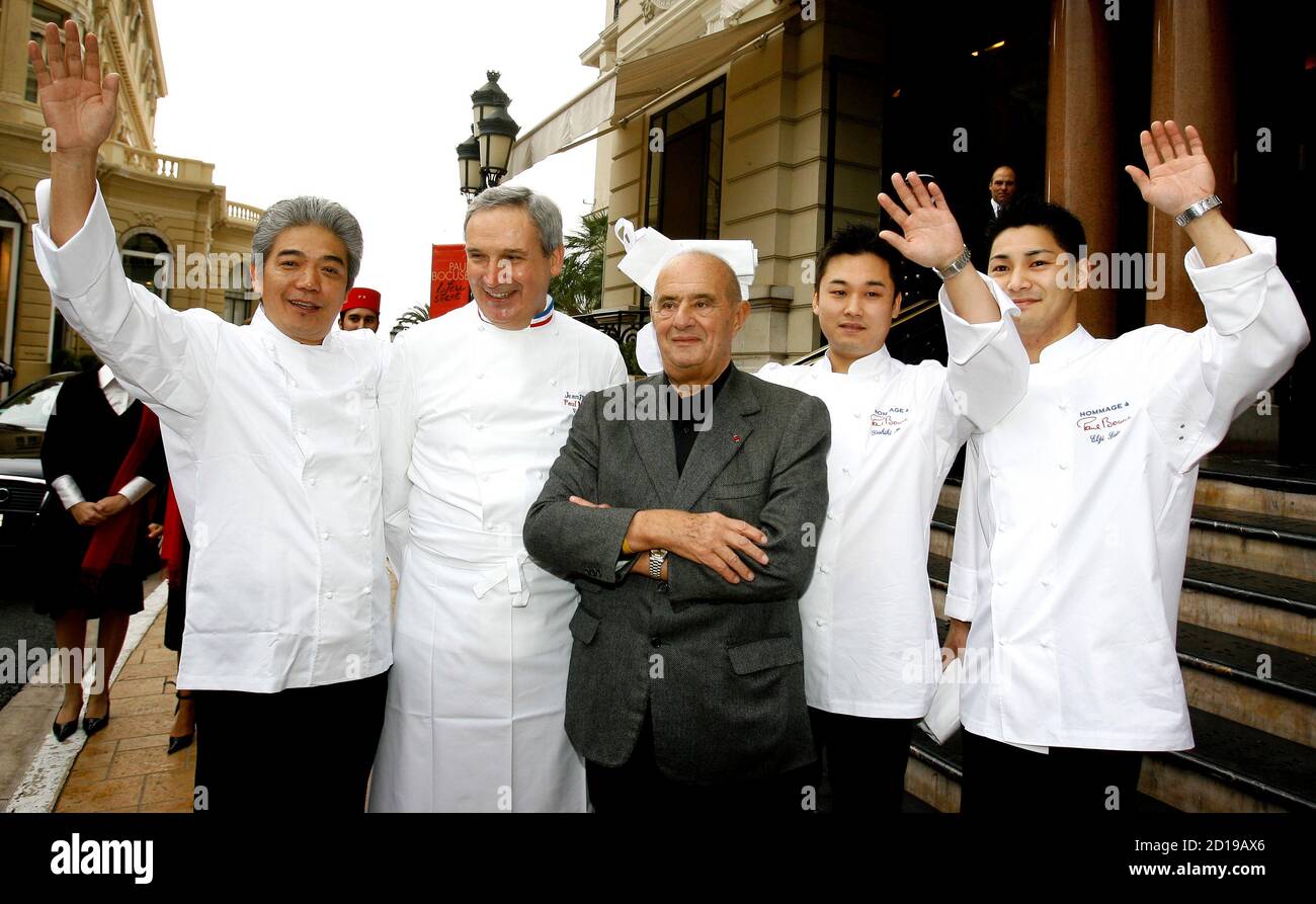 French chefs Paul Bocuse (C) and Jean Fleury (2nd L) pose with Japanese  chefs Hiramatsu (L), Ito (2nd R) and Imamura (R) at the Monte Carlo casino  in Monaco February 10, 2007.