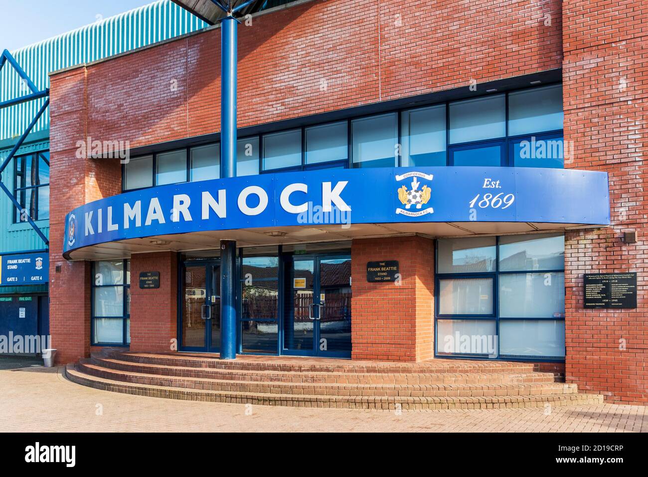 Front entrance to Kilmarnock Football Club's stadium, called Rugby Park, Kilmarnock, Ayrshire, Scotland, UK Stock Photo