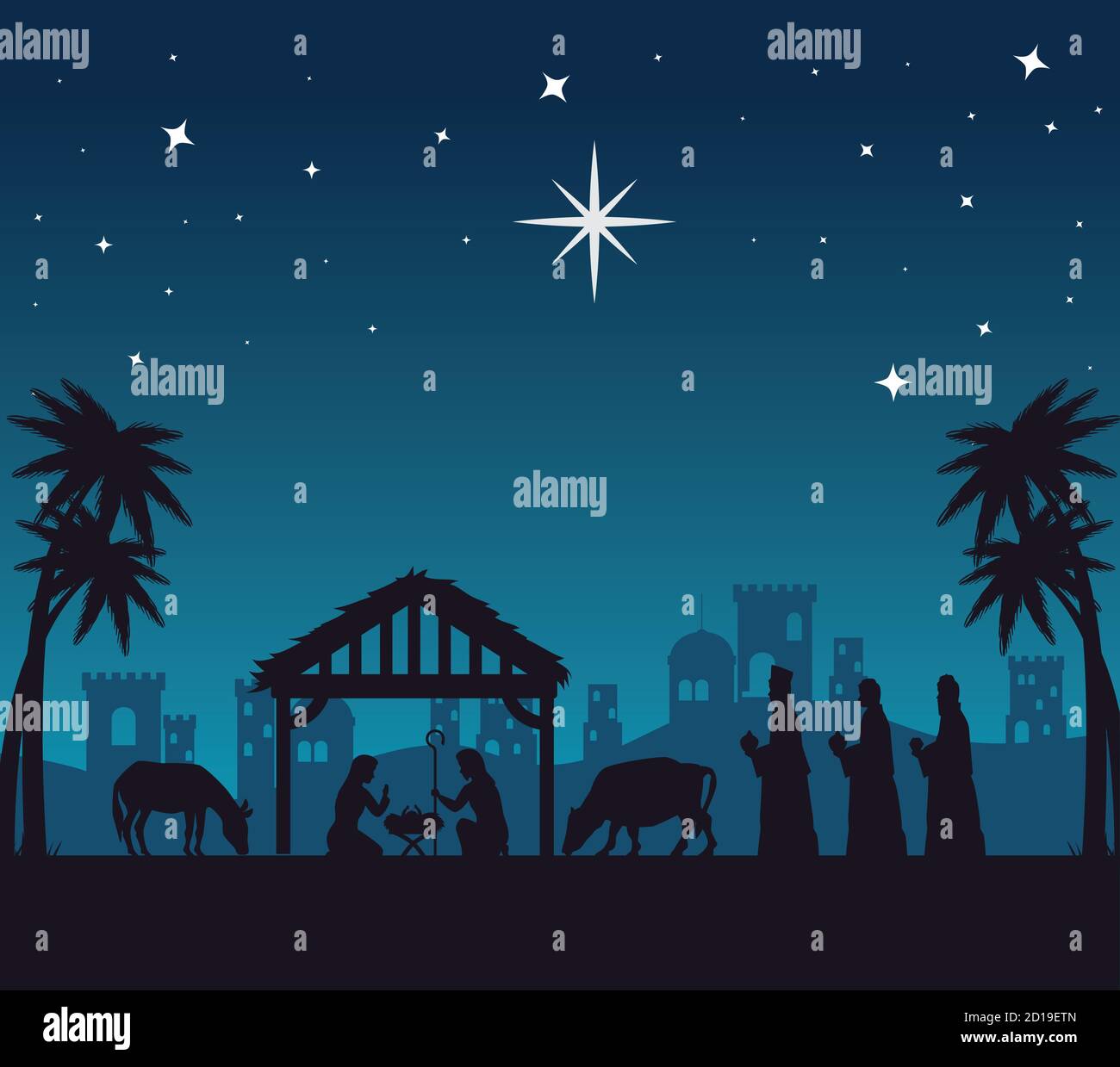 merry christmas nativity mary joseph and three wise men at night vector ...