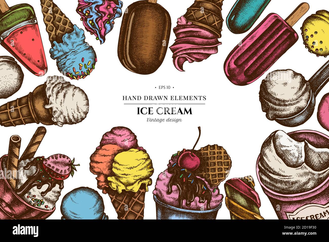 Colored elements design with ice cream bowls, ice cream bucket