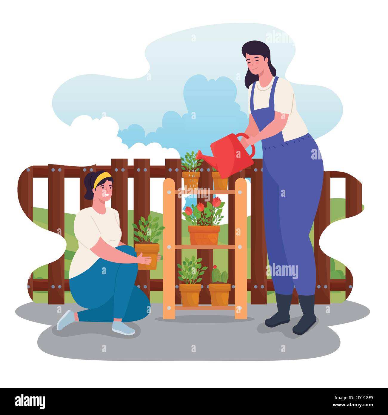 Gardening women with plants and watering can vector design Stock Vector ...