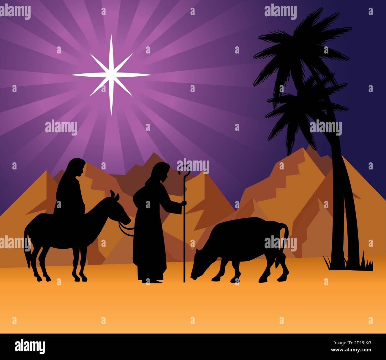 merry christmas nativity mary joseph and baby at desert vector design ...