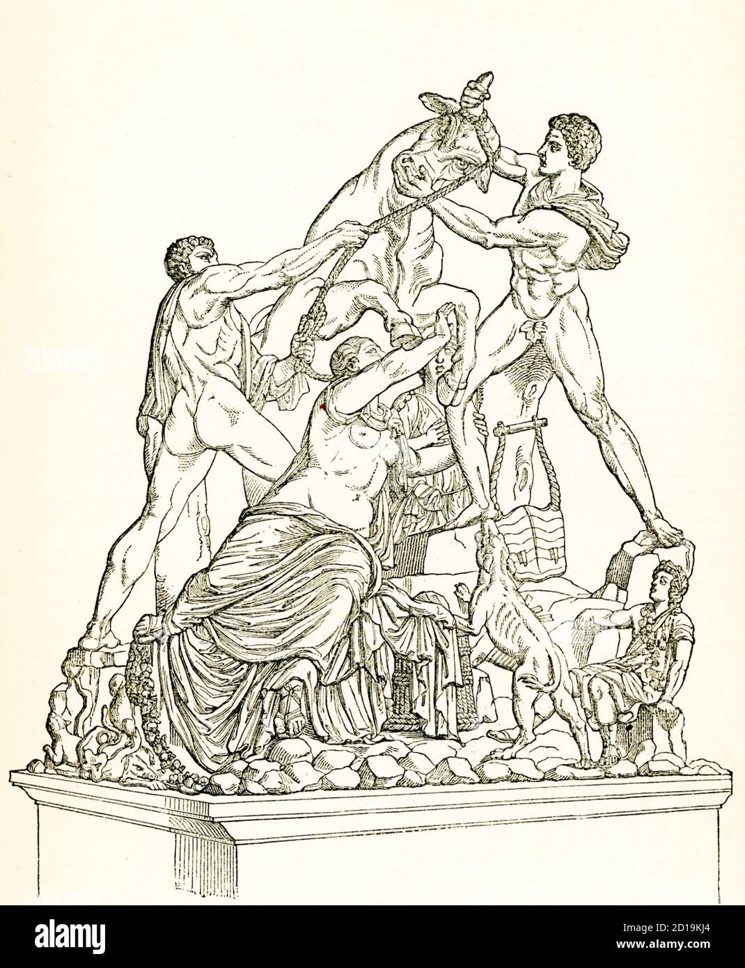 This marble group, one of the largest marble statues recovered from Antiquity, is a Roman copy of a Greek original, perhaps made for the Baths of Caracalla, where it was found. The group represents Zethus and Amphion tying Dirce to the horns of a wild bull. The “Farnese Bull” is attributed by Pliny the Elder to Apollonius of Tralles, a Greek sculptor of the second century BC, an important period in the history of Hellenistic sculpture. He worked on it with his brother Tauriscus on the island of Rhodes. Stock Photo