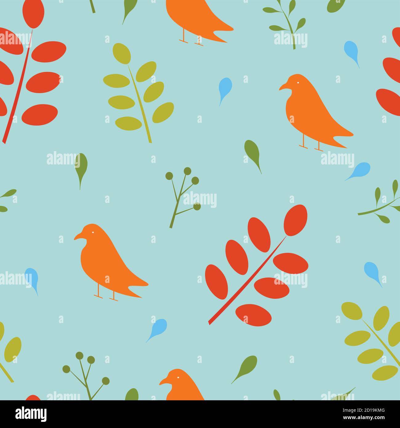 Seamless pattern with birds and leaves, vector Stock Vector