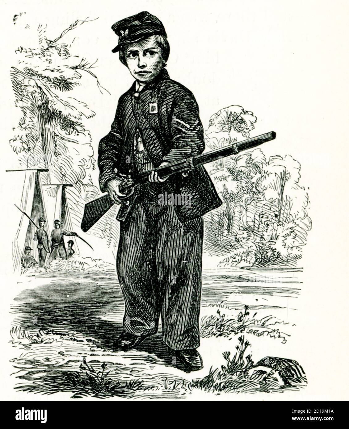 The caption for this 1866 illustration of John Clem from Newark, Ohio, says that he probably was the youngest person who ever bore arms in battle. He was a volunteer in the 22nd Michigan Infantry and was only 12 years old. He served as marker of a regiment in a review at Nashville. At Battle of Chickamauga he won the rank of a sergeant by a deed of great valor—he managed to confront the Confederate general who stopped him and whip around his gun and shoot the Colonel. This drawing is from a photo taken of John Clem in Cincinnati. Stock Photo