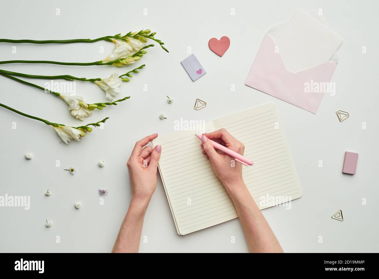 Minimal background composition of female hands writing in planner against while table background with floral decor, copy space Stock Photo