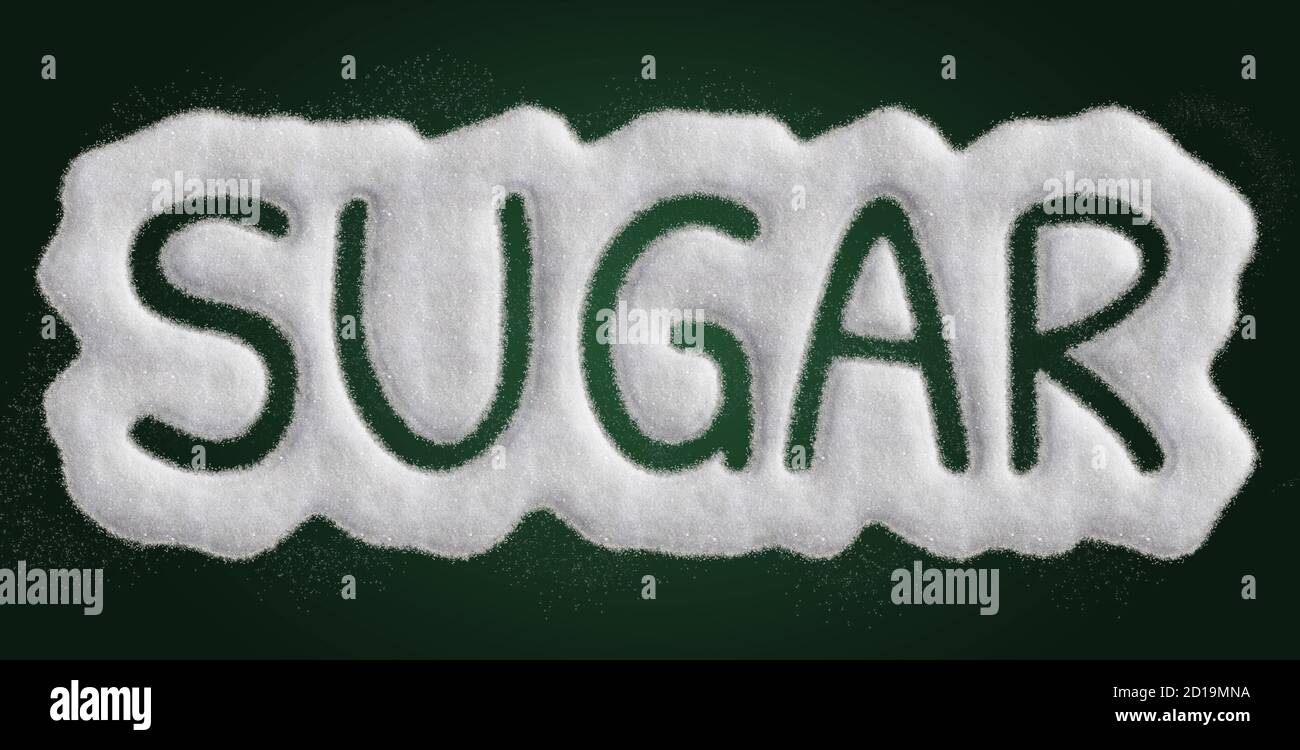 Sugar written with sugar powder - top view. Realistic illustration written with grains of sugar against dark background. Easy to isolate. Stock Photo