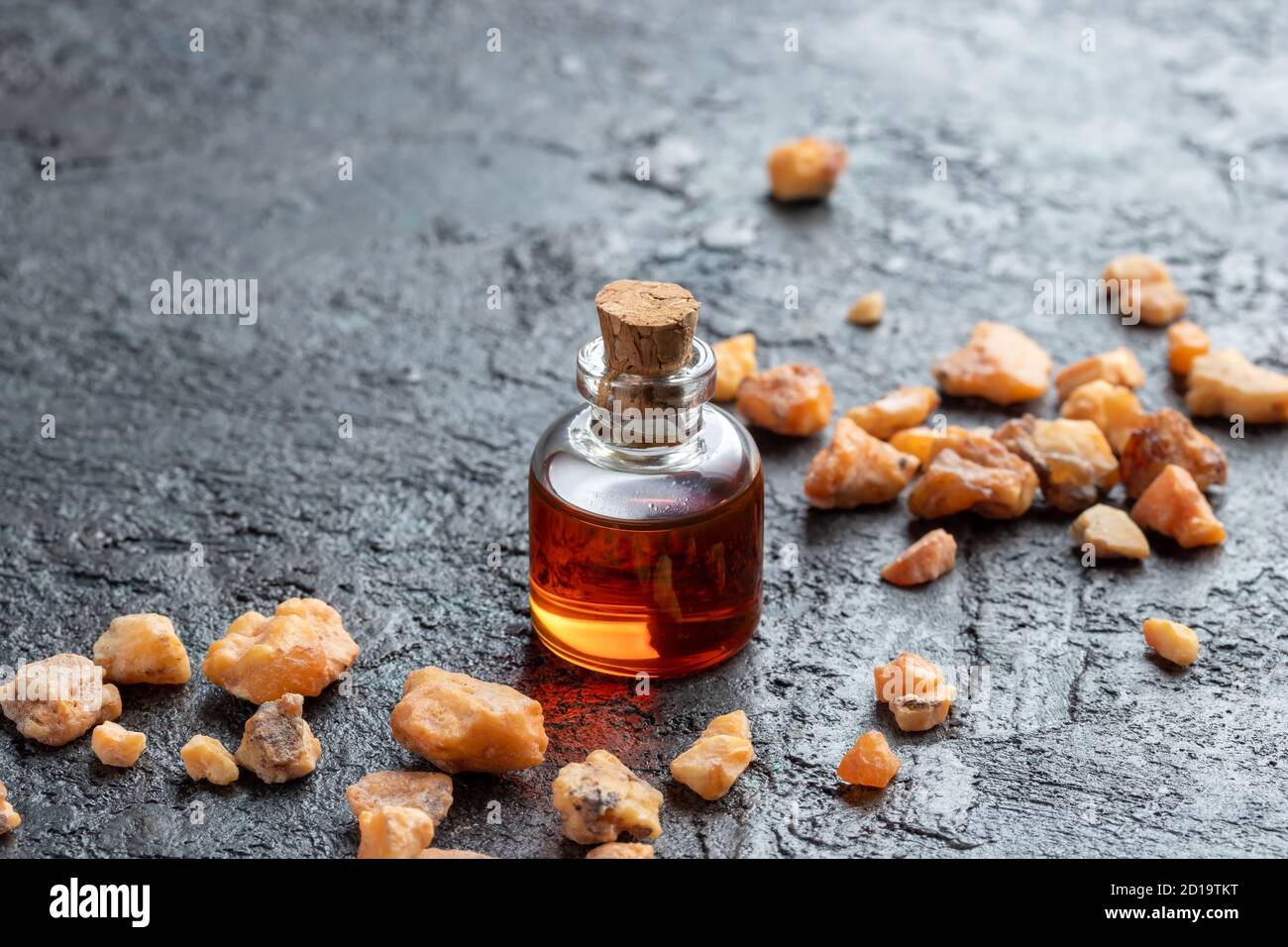 A bottle of styrax benzoin essential oil and resin Stock Photo