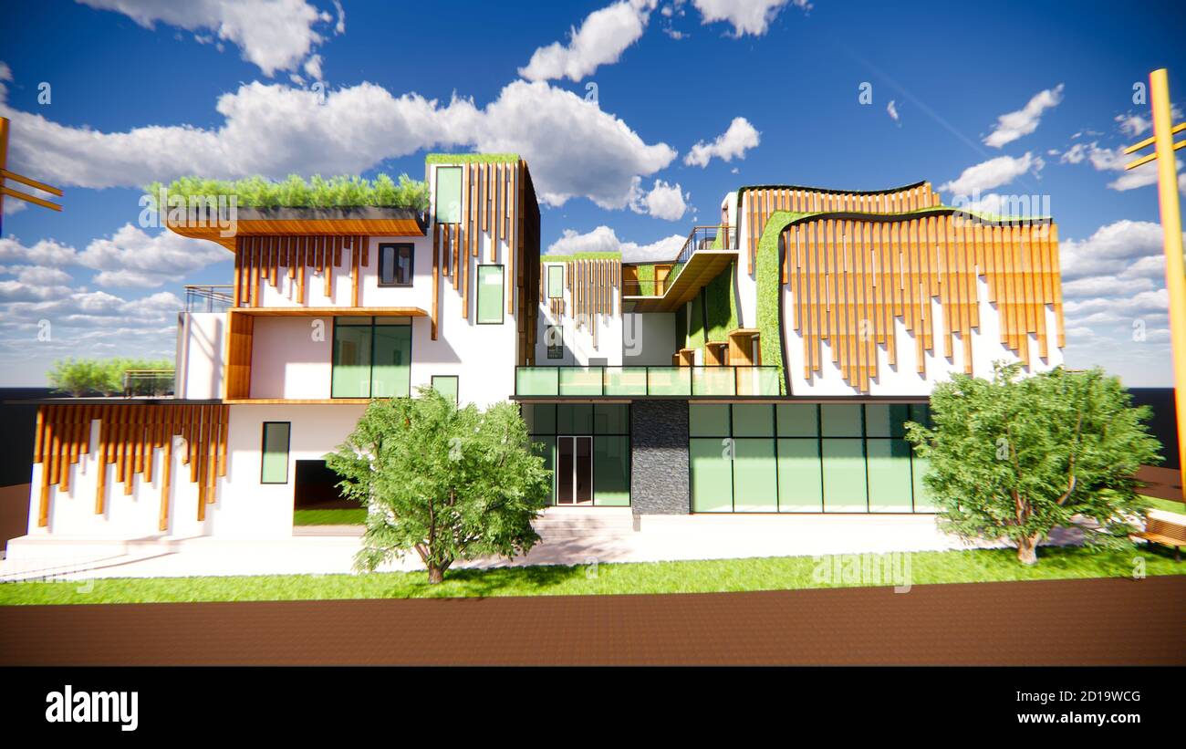 Enscape conceptual mixed-use architectural rendering of green building with wood and white Stock Photo