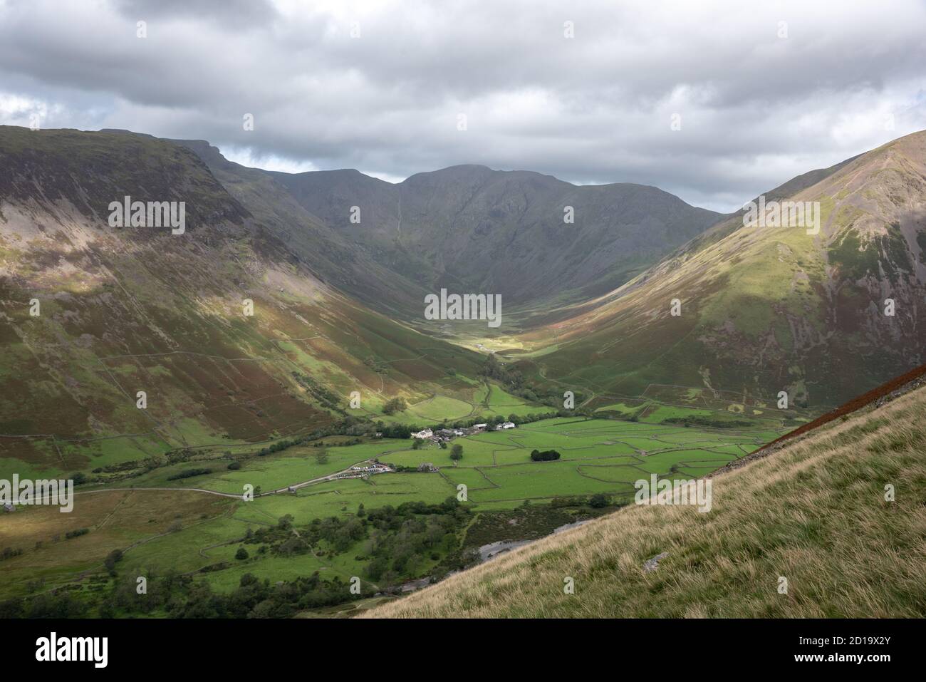 Wasdale Head Inn and the Mosedale Horseshoe as seen from Lingmell Fell Stock Photo