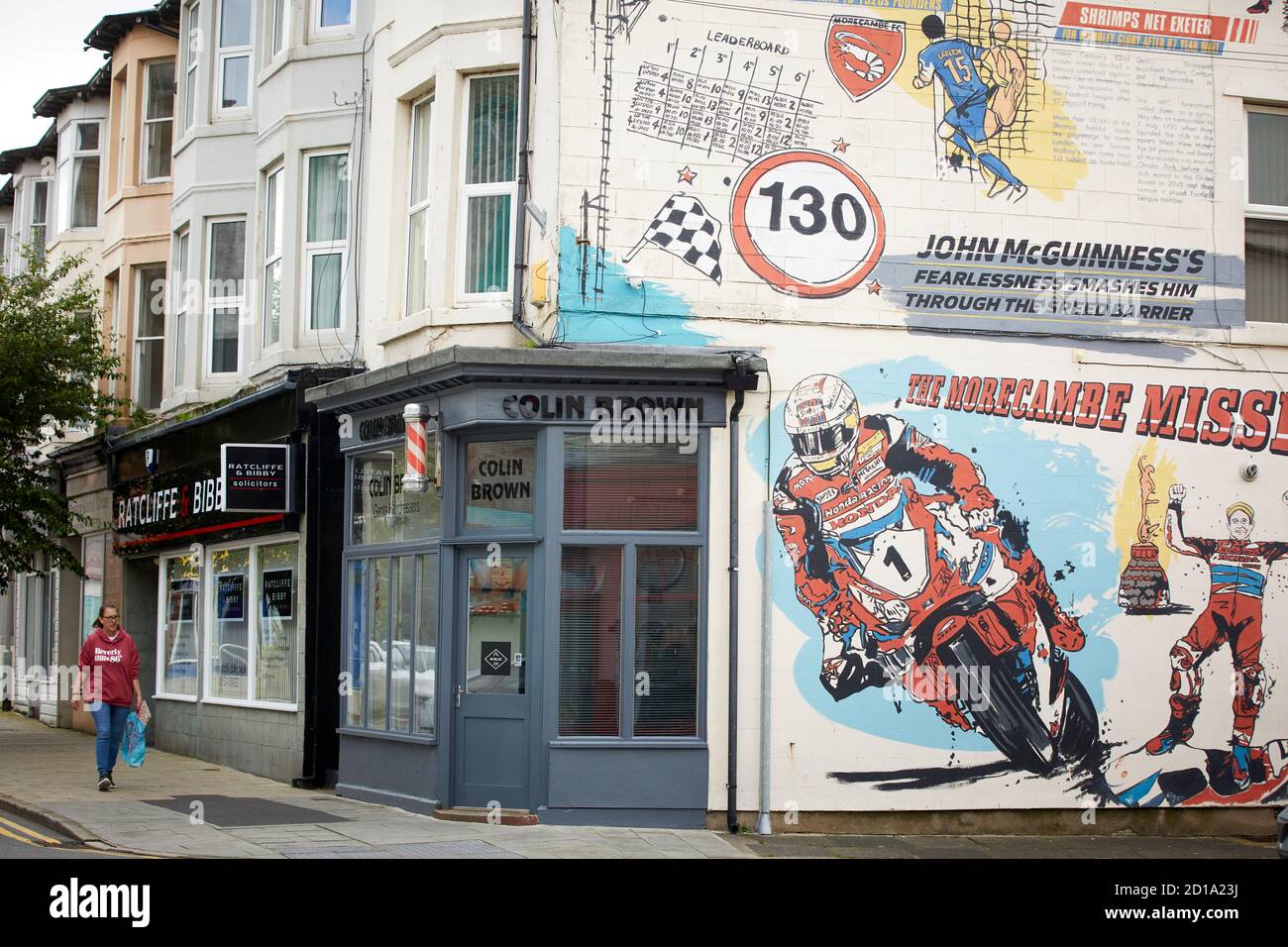 Morecambe bay Lancashire  John McGuinness ‘The Morecambe Missile’ Isle of man TT  mural project called Victoria Press by illustrator Ben Tallon Stock Photo