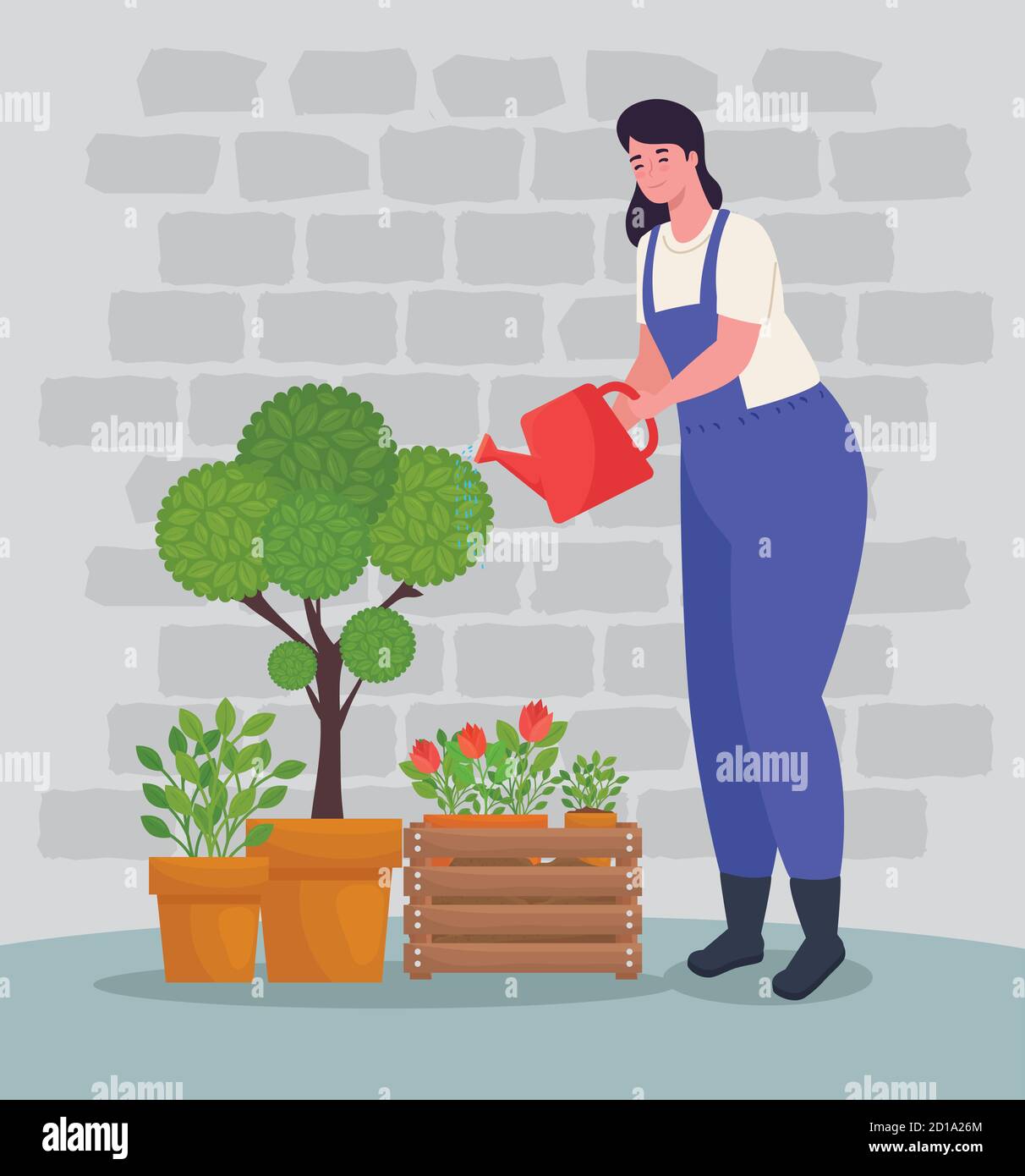 Gardening woman with watering can and plants vector design Stock Vector ...