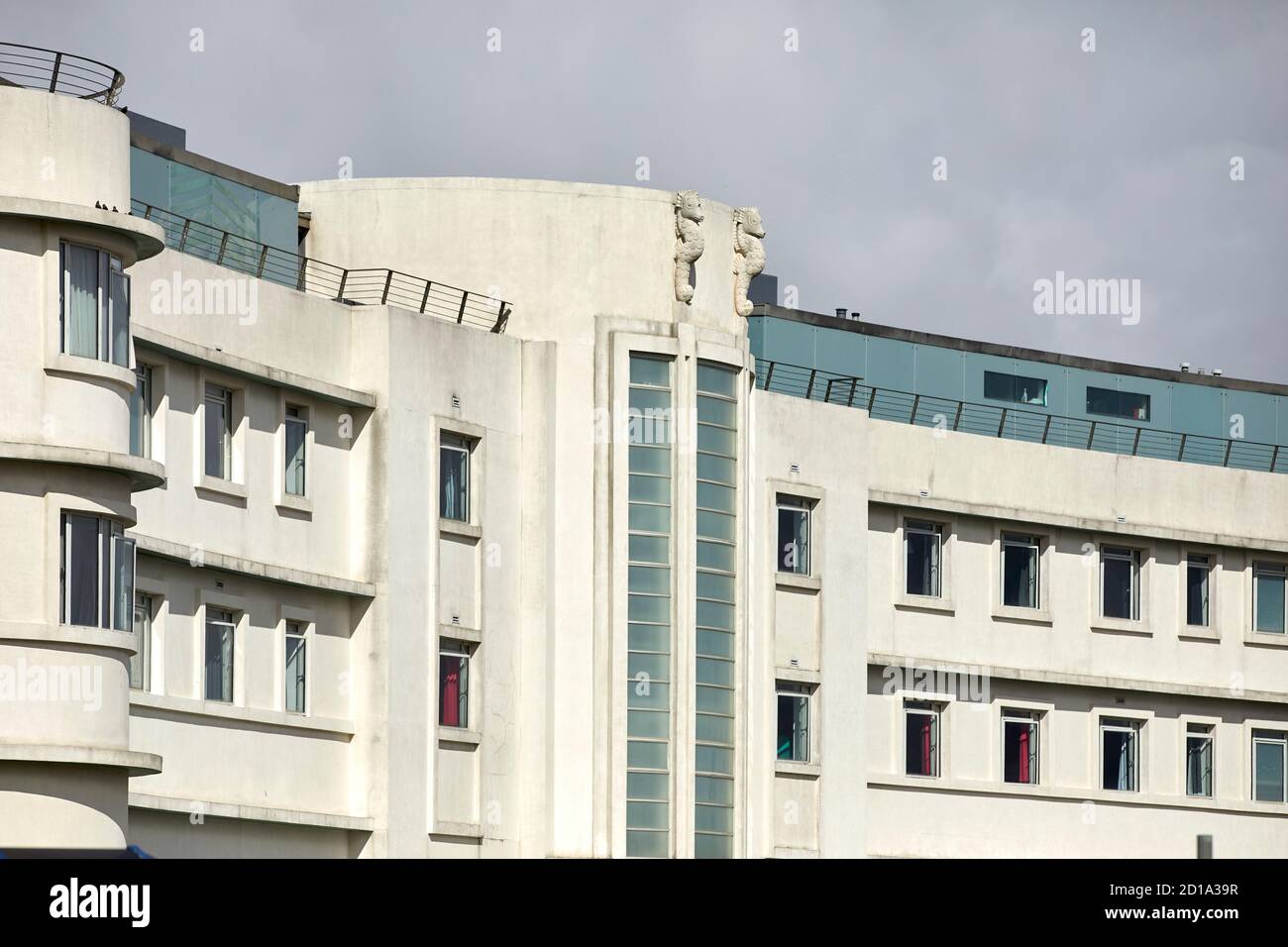 Morecambe bay Lancashire The Midland  Streamline Moderne Grade II* listed art deco seafront hotel built by the London, Midland and Scottish Railway (L Stock Photo