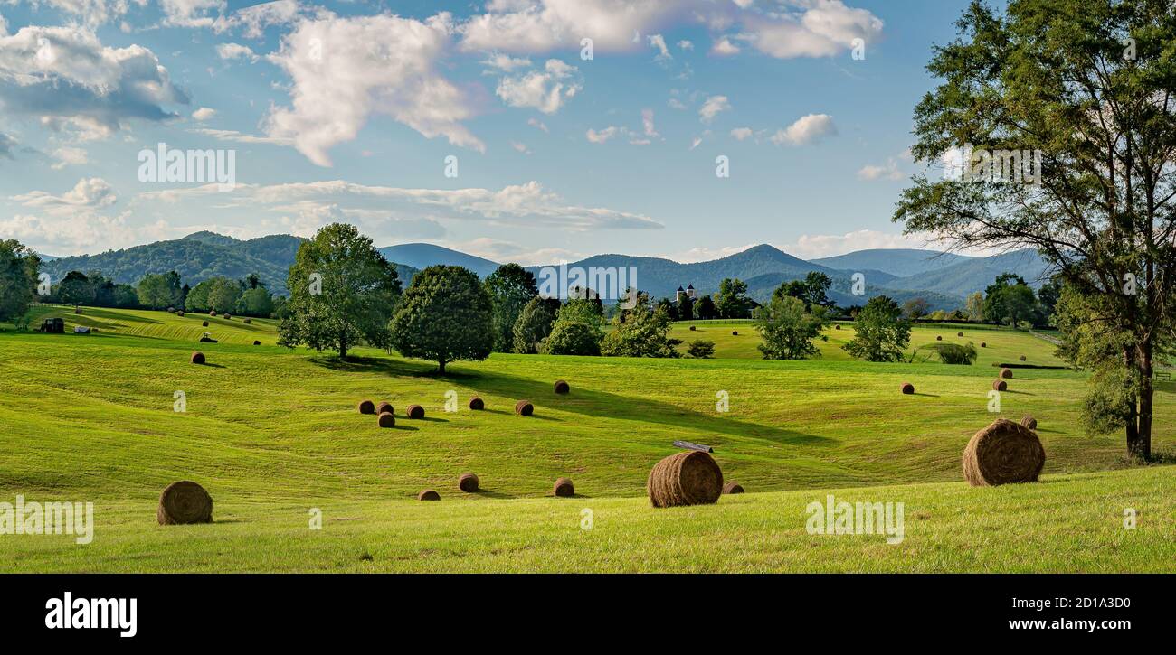 Hay bales in pasture on horse farm in shadow of the Blue Ridge Mountains in central Virginia near Charlottesville. Stock Photo