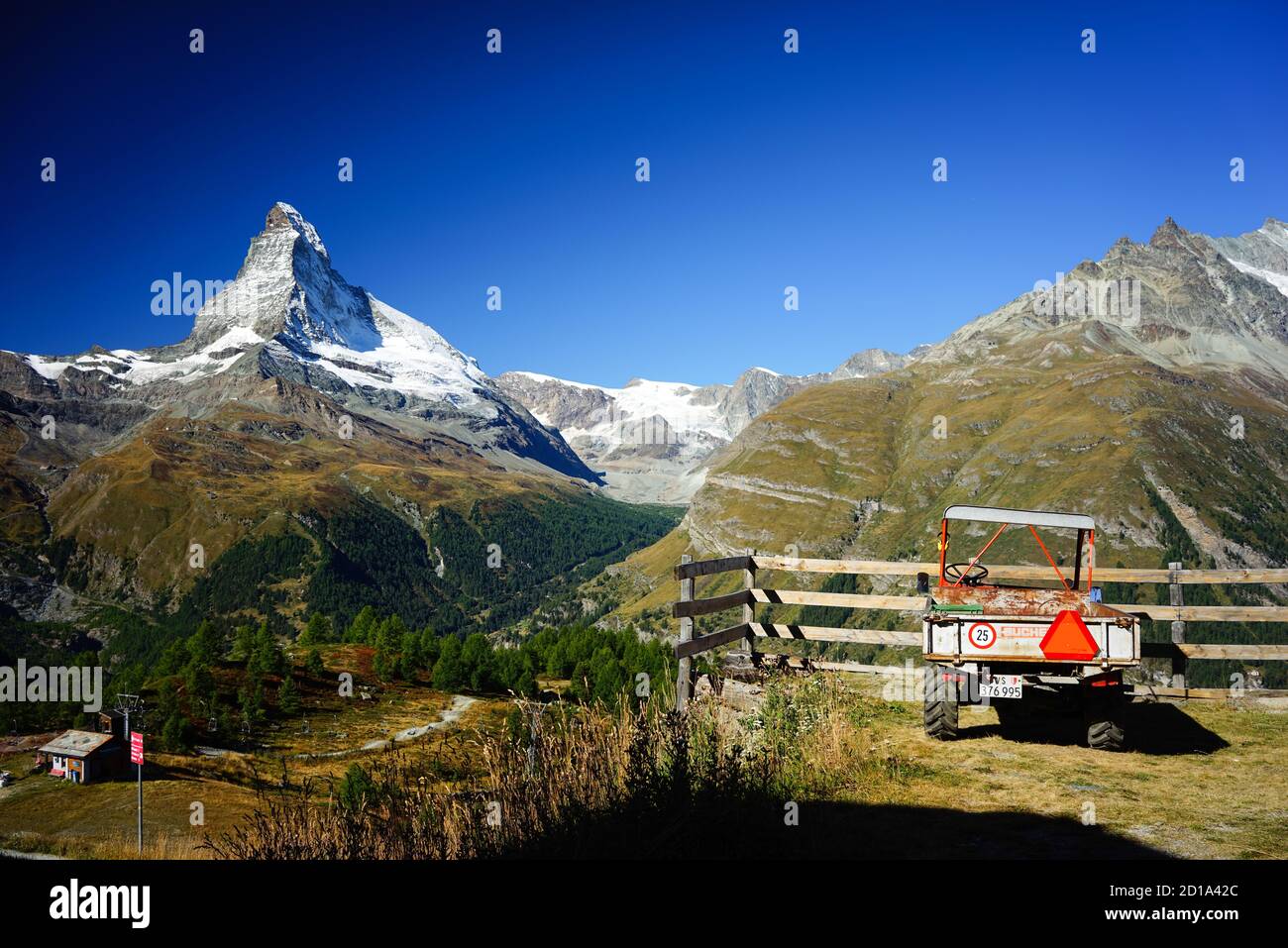 Hiking the Five Lake Trail near Zermatt in Switzerland. The Matterhorn