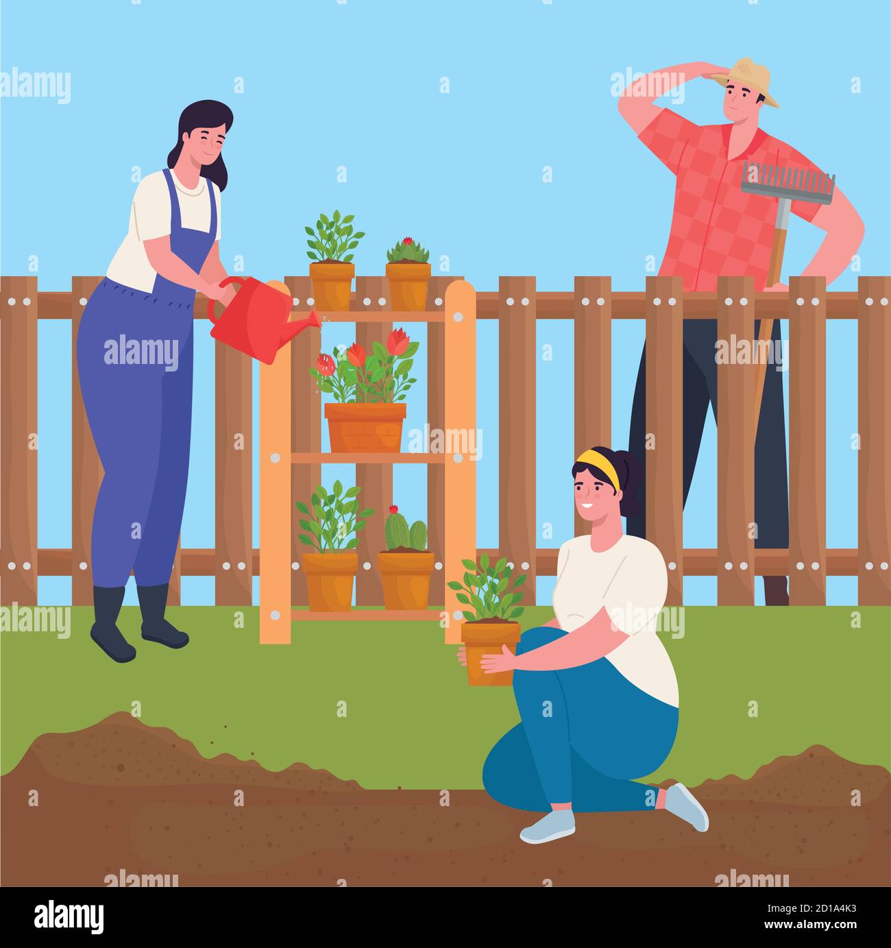 Gardening women and man with plants and watering can vector design ...
