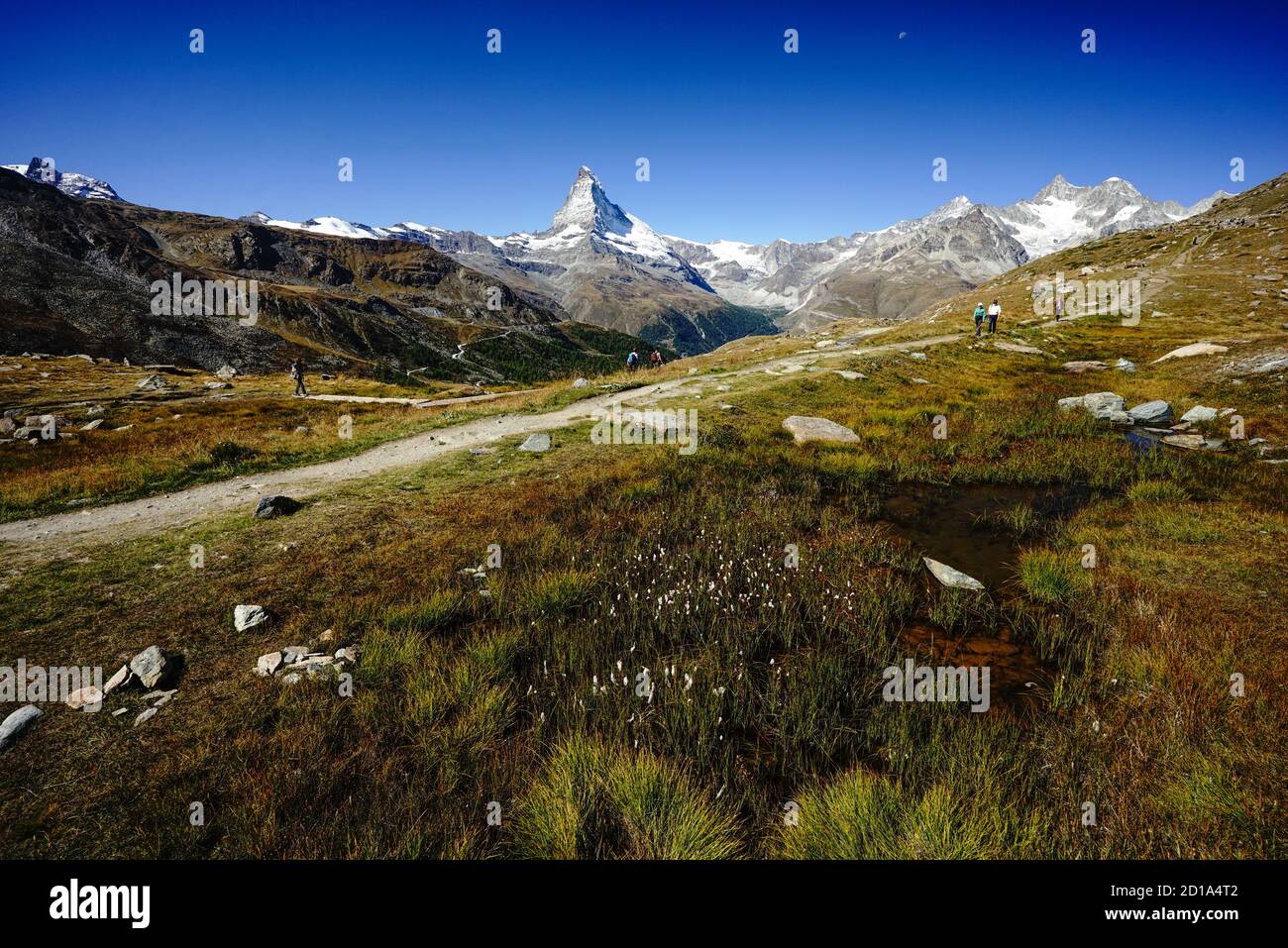 Hiking the Five Lake Trail near Zermatt in Switzerland. The Matterhorn