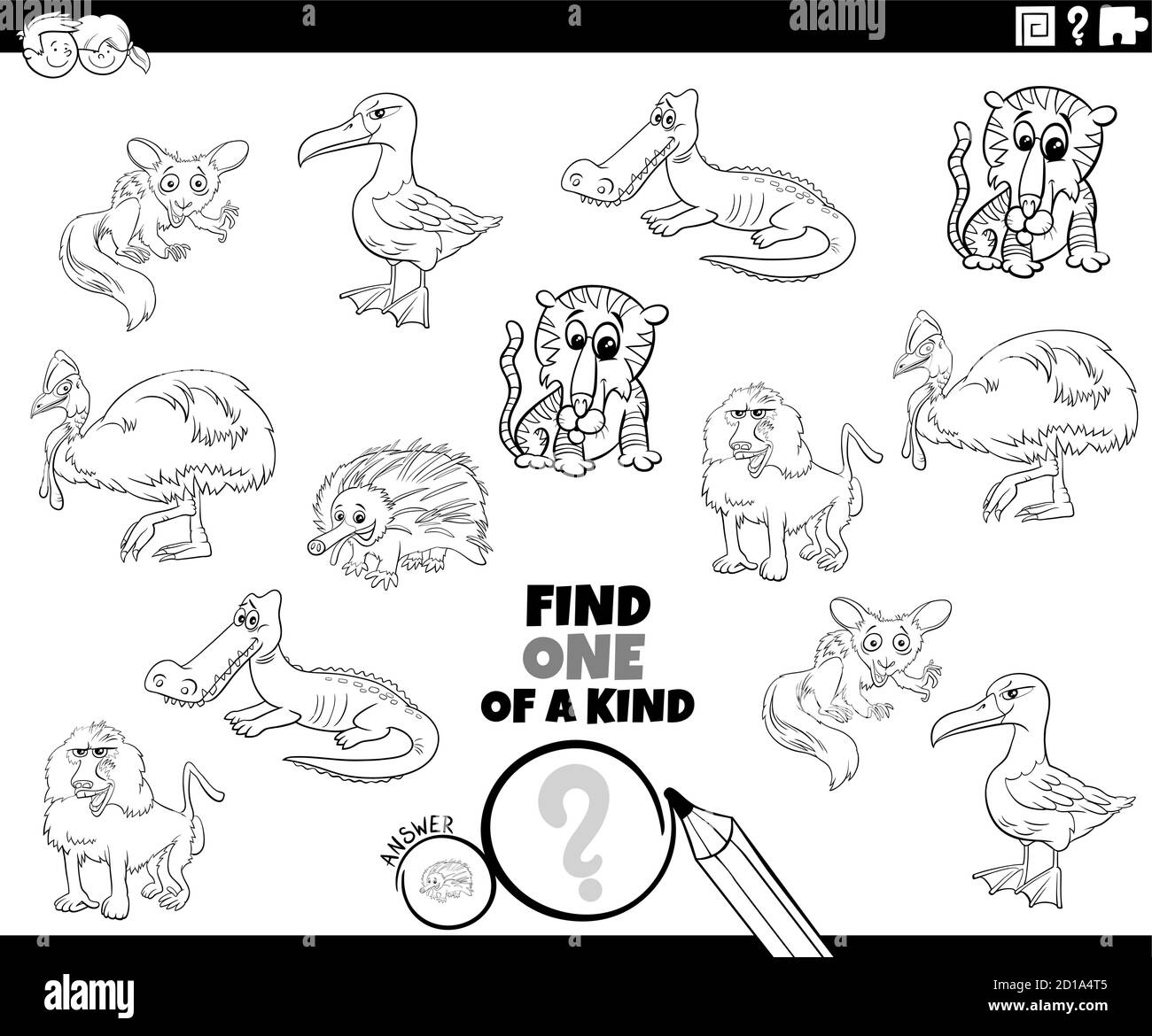 Black and White Cartoon Illustration of Find One of a Kind Picture Educational Game with Comic Wild Animal Characters Coloring Book Page Stock Vector