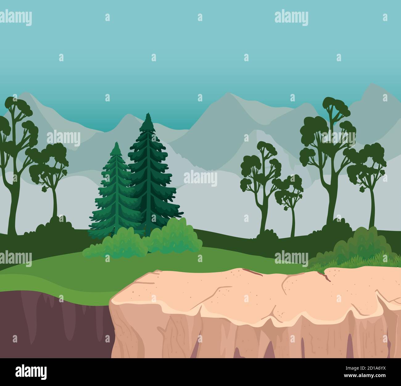 landscape of trees and pines in front of mountains vector design Stock ...