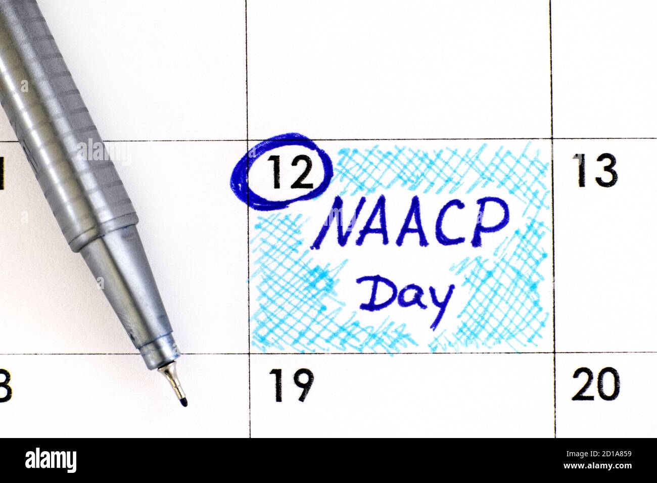 Reminder NAACP Day in calendar with pen. February 12. Stock Photo