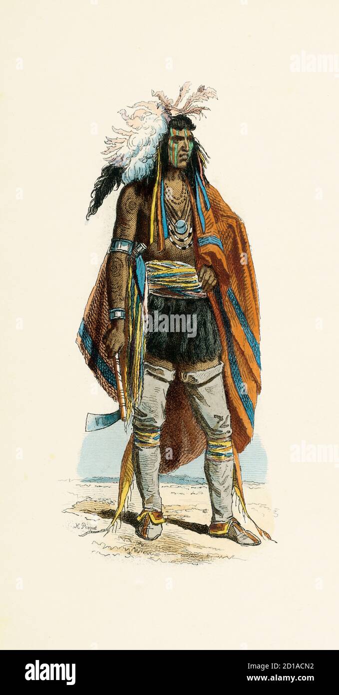 Portrait of North American Indian in 1786, hand-colored engraving by H. Pauquet.  Published in the the book Modes et Costumes Historiques Dessines et Stock Photo